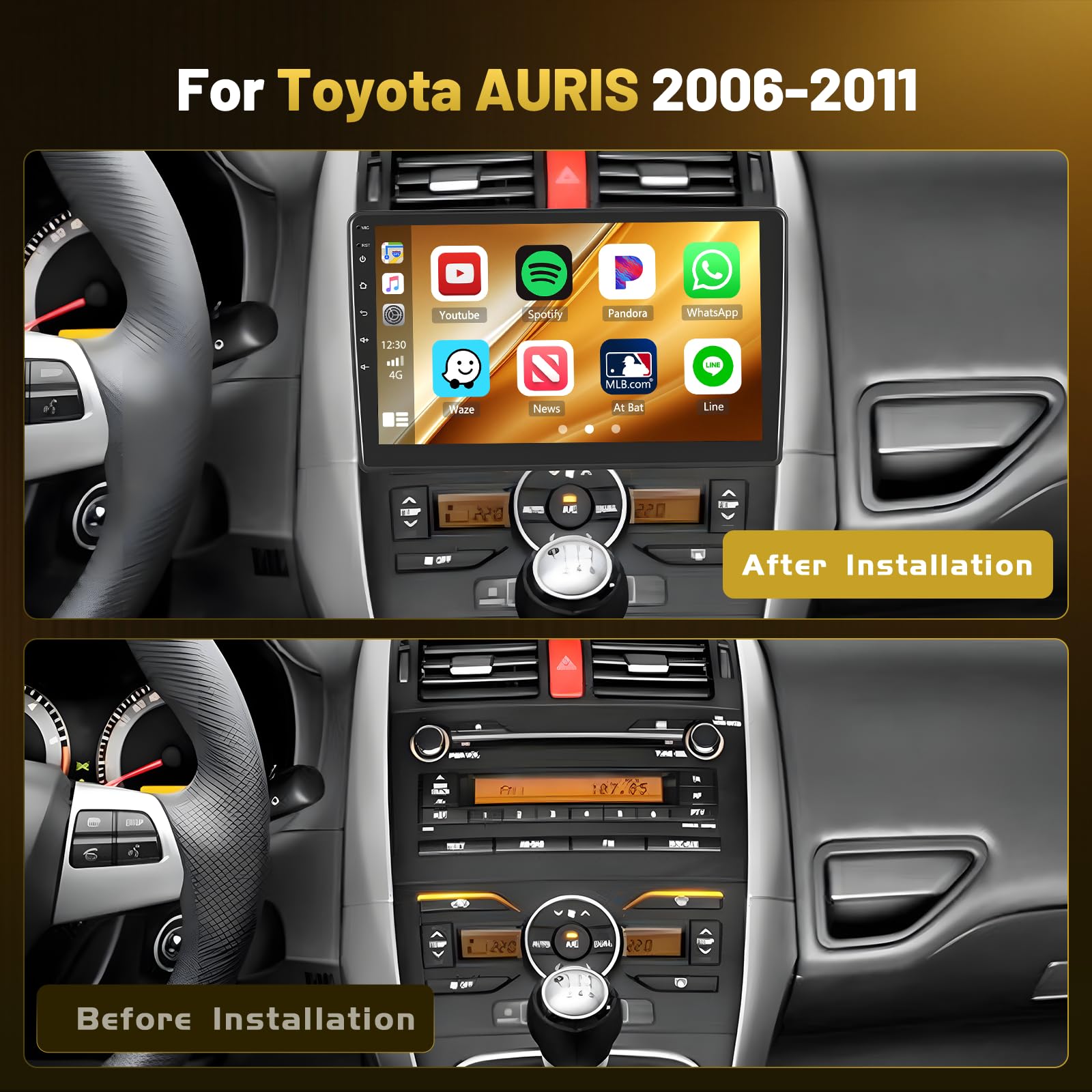 Roinvou 4+64G Autoradio Android 15 für Toyota AURIS 2006-2011 Wireless Carplay Android Auto, Touch Screen Radio 10.1 Zoll Bildschirm WiFi GPS Bluetooth 32EQ FM/RDS SWC Rückfahrkamera