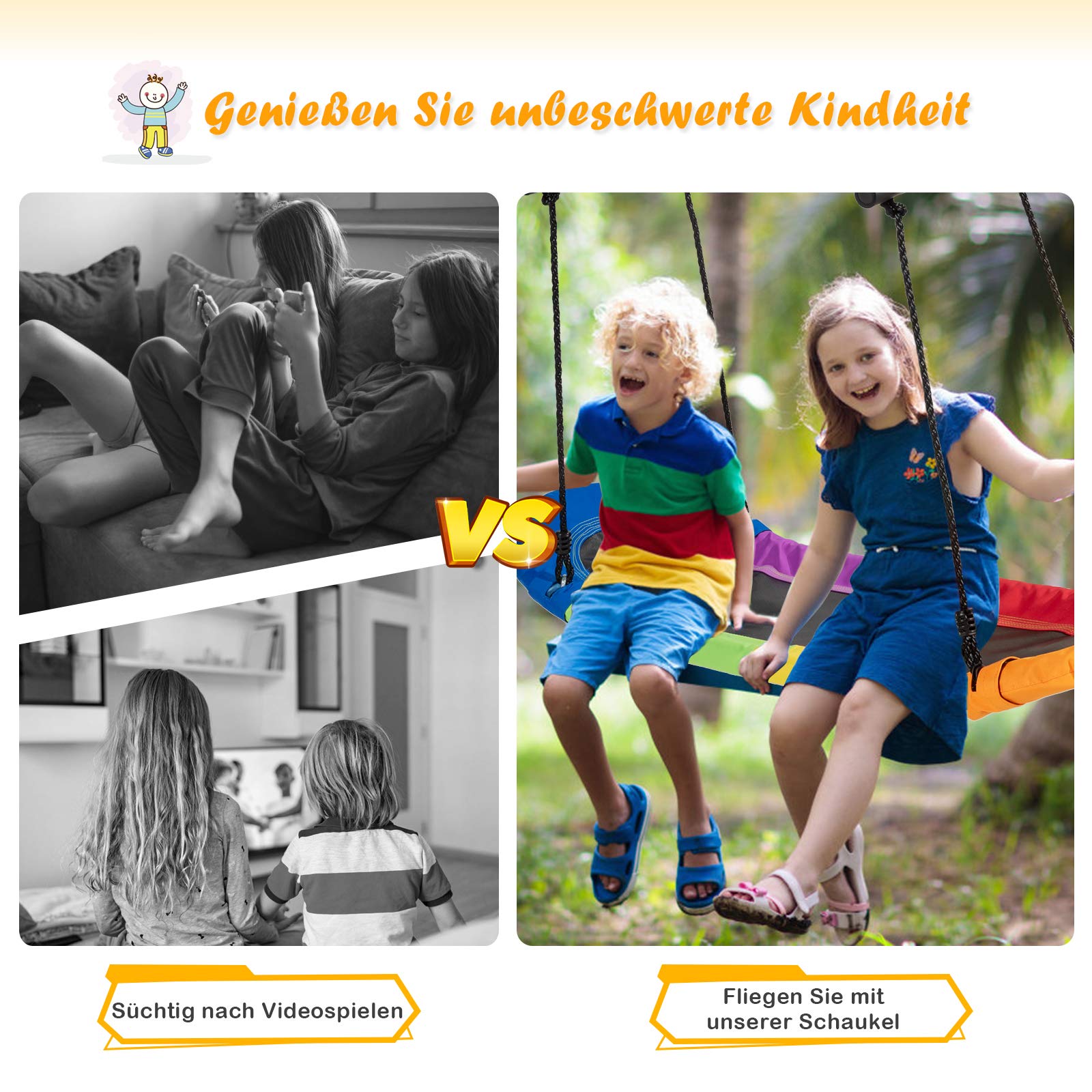 COSTWAY Nestschaukel oval, Skateboard Schaukel mit Griffen, Kinderschaukel bis 150 kg belastbar, Outdoor Mehrkindschaukel, Baumschaukel, Gartenschaukel für Kinder & Erwachsene (Bunt)