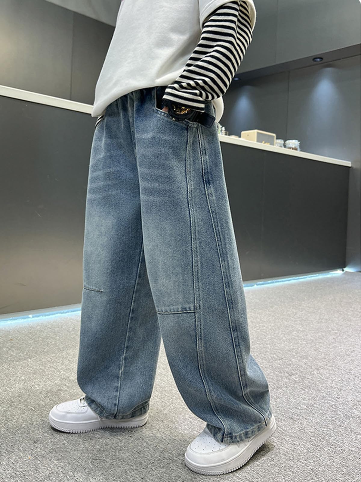 Baggy Jeans Niño, Pantalones Vaqueros Holgados para Niño con Corte Recto y Diseño Desgastado