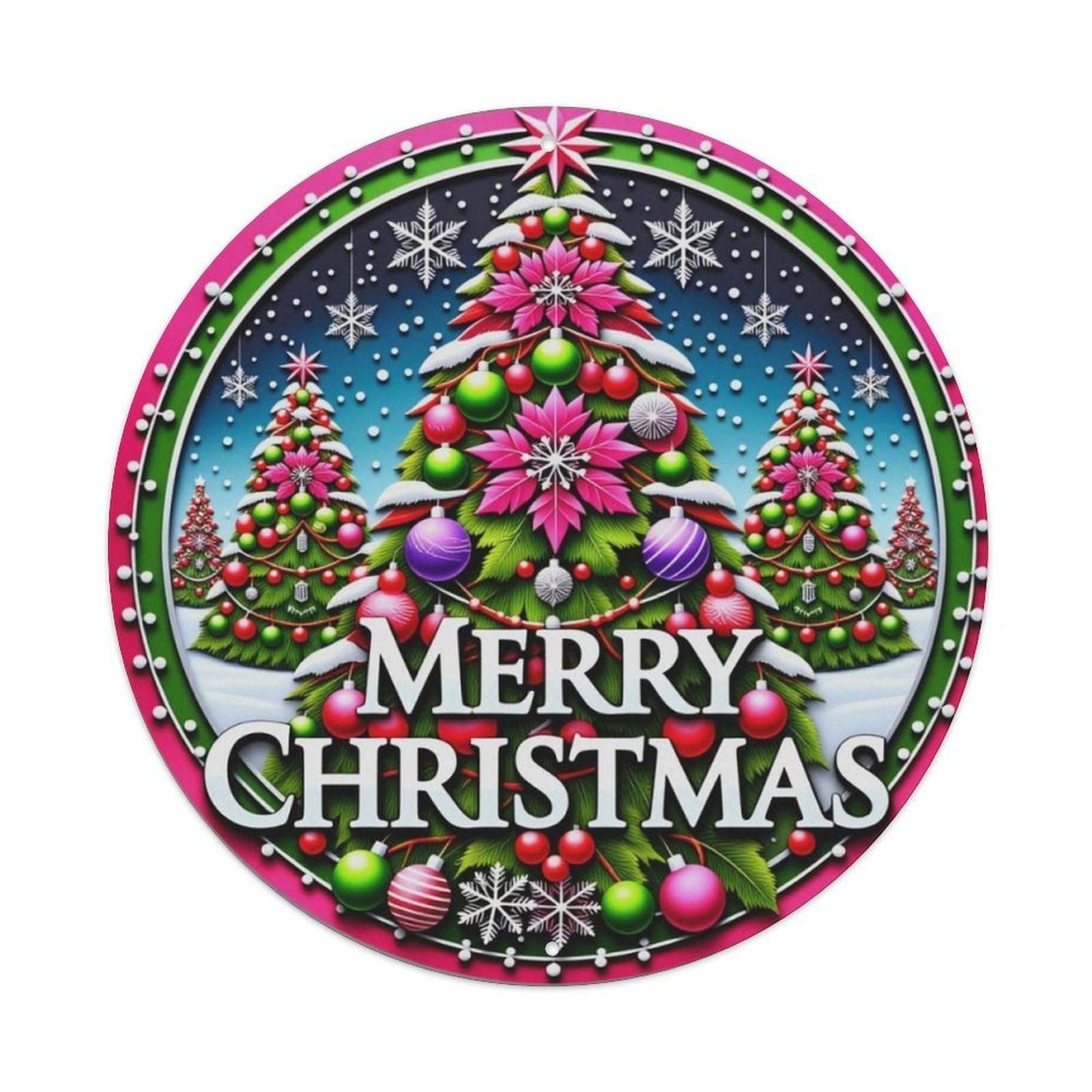 Merry Christmas Colorful Xmas Tree Holiday Round Metal Sign Vintage Aluminium Metal Sign, Retro Wall Decor for Home, Bar, Garage & Farmhouse 20x20cm