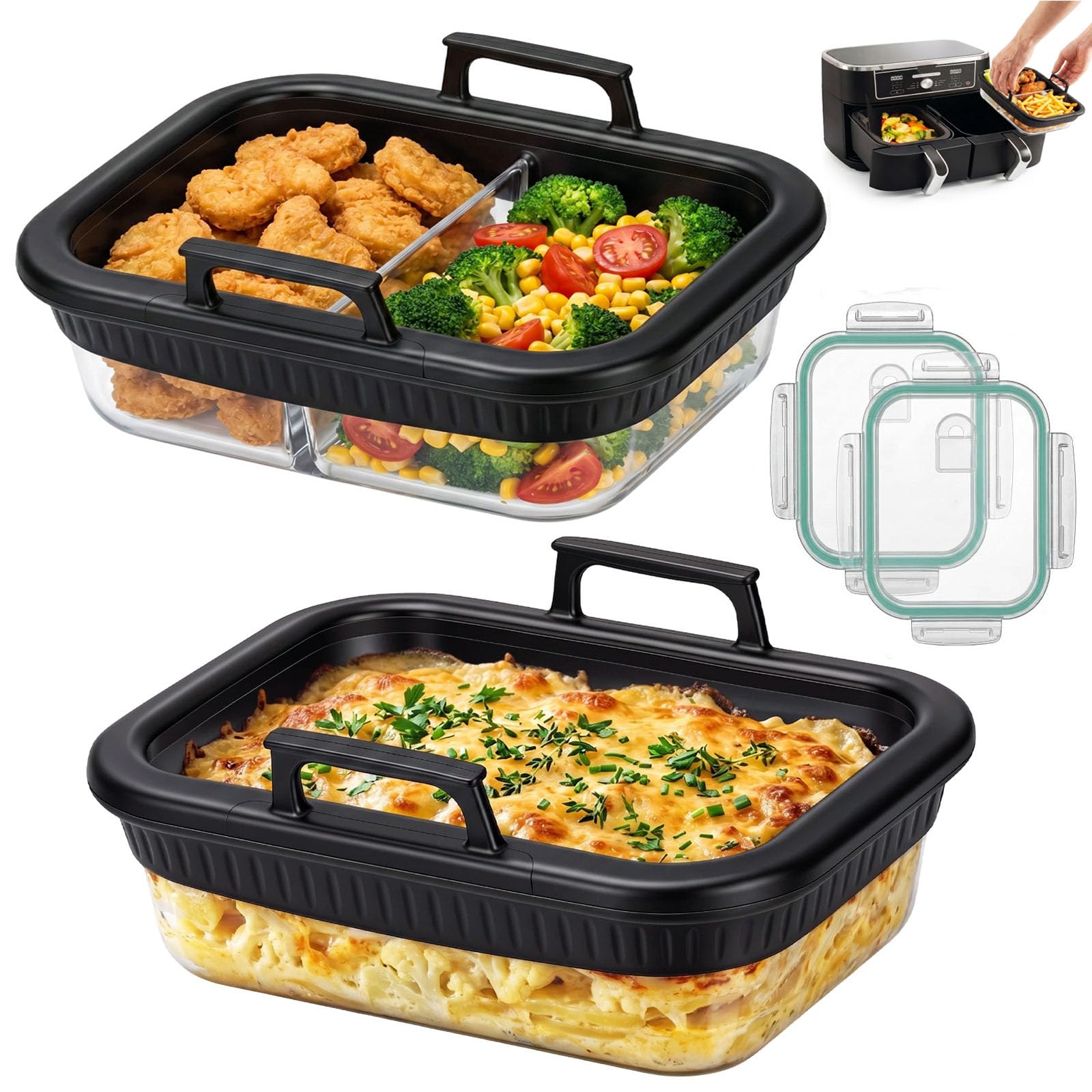Szklane naczynie do zapiekania Airfryer, akcesoria pasujące do Ninja AF400EU/AF500EU/SL400EU/ SL400EU, 2 komory, nie zawiera BPA, odporne na wysokie temperatury, wyjmowane silikonowe