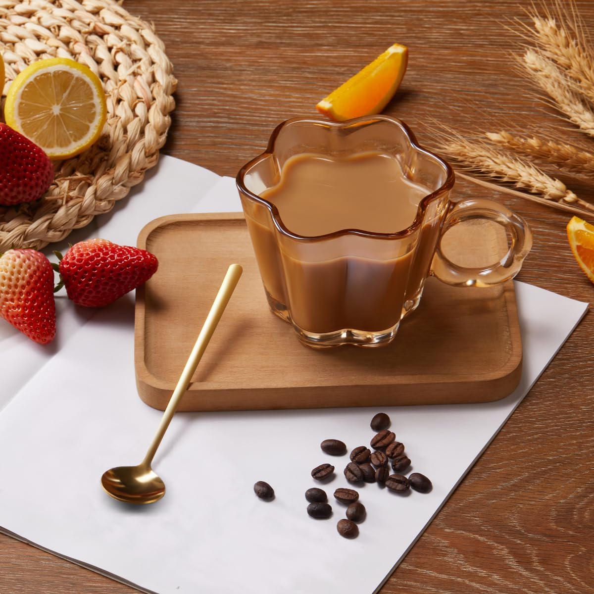 Vintage Glass Coffee Mugs Set of 4, 11oz Creative Flower Glass Coffee Cups with Spoons - Cute Tea Cups with Handle, Art Glassware, Unique Birthday Gifts - Image 2