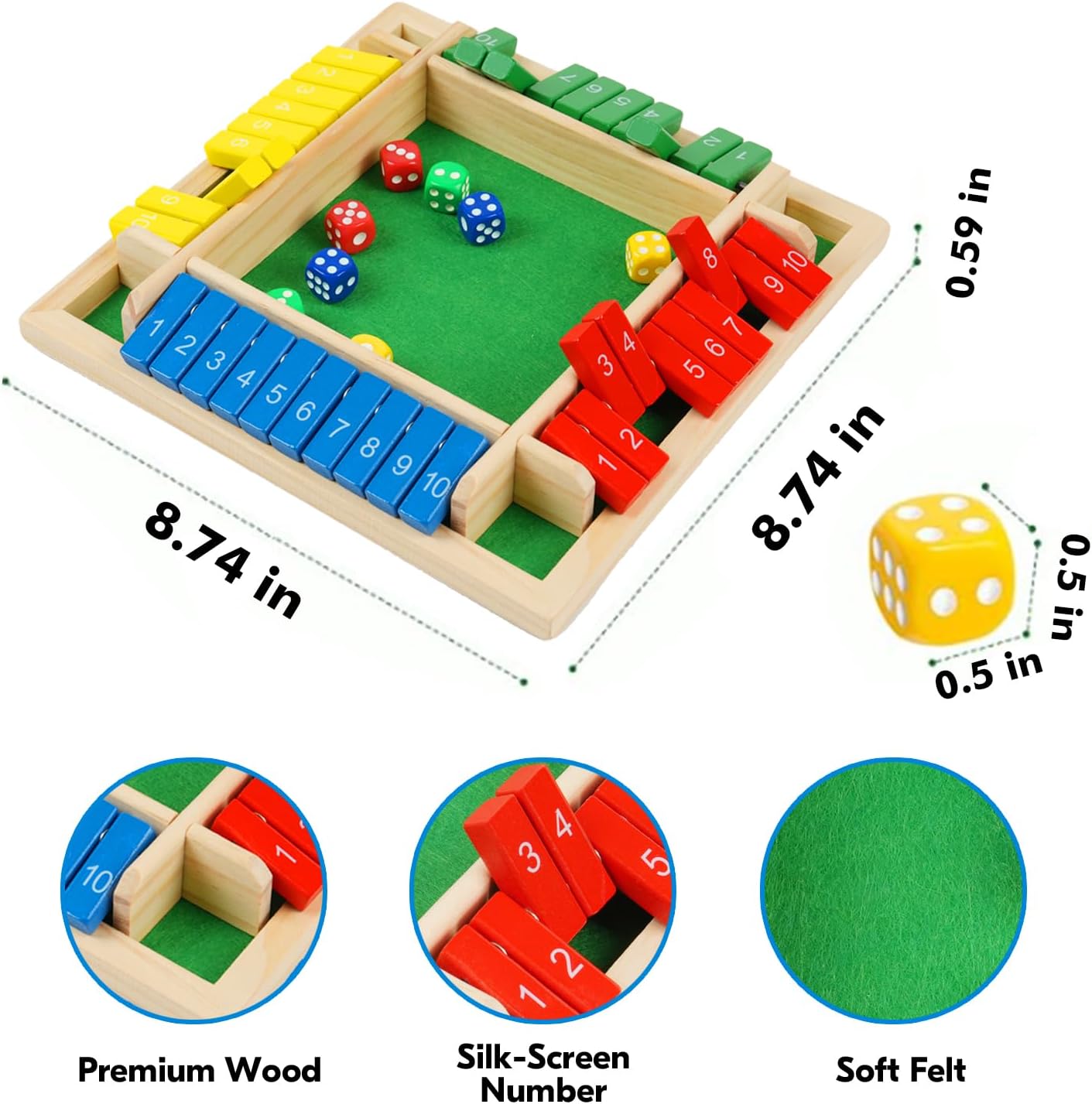 2 Pack Shut The Box Game, 2-4 Play Wooden Dice Math Games for Adults and Kids, Shut The Box Board with 8 Dices for Classroom, Home, Party, Pub