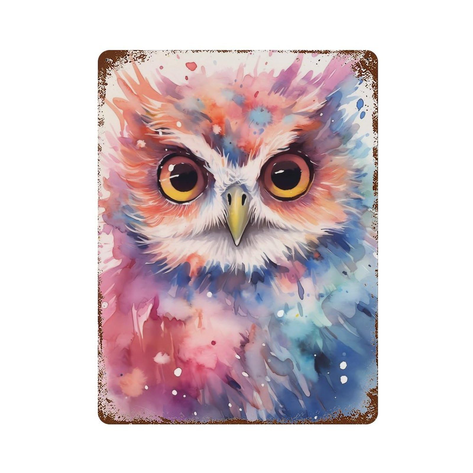 Rusty Metal Tin Sign Owl Watercolors 15.7"x11.8", Industrial Home Decor for Patio, Garden Room And Bar Decor