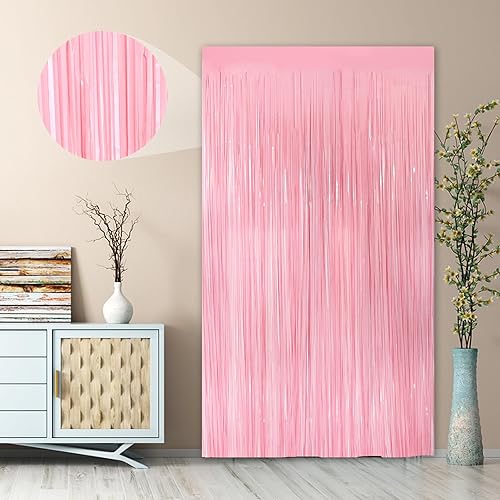 Miniatura 7 de Serpentinas de fiesta rosadas, paquete de 2 cortinas de flecos metálicos de oropel de 3.3 x 8.3 pies, decoraciones de fiesta para cabina de fotos,