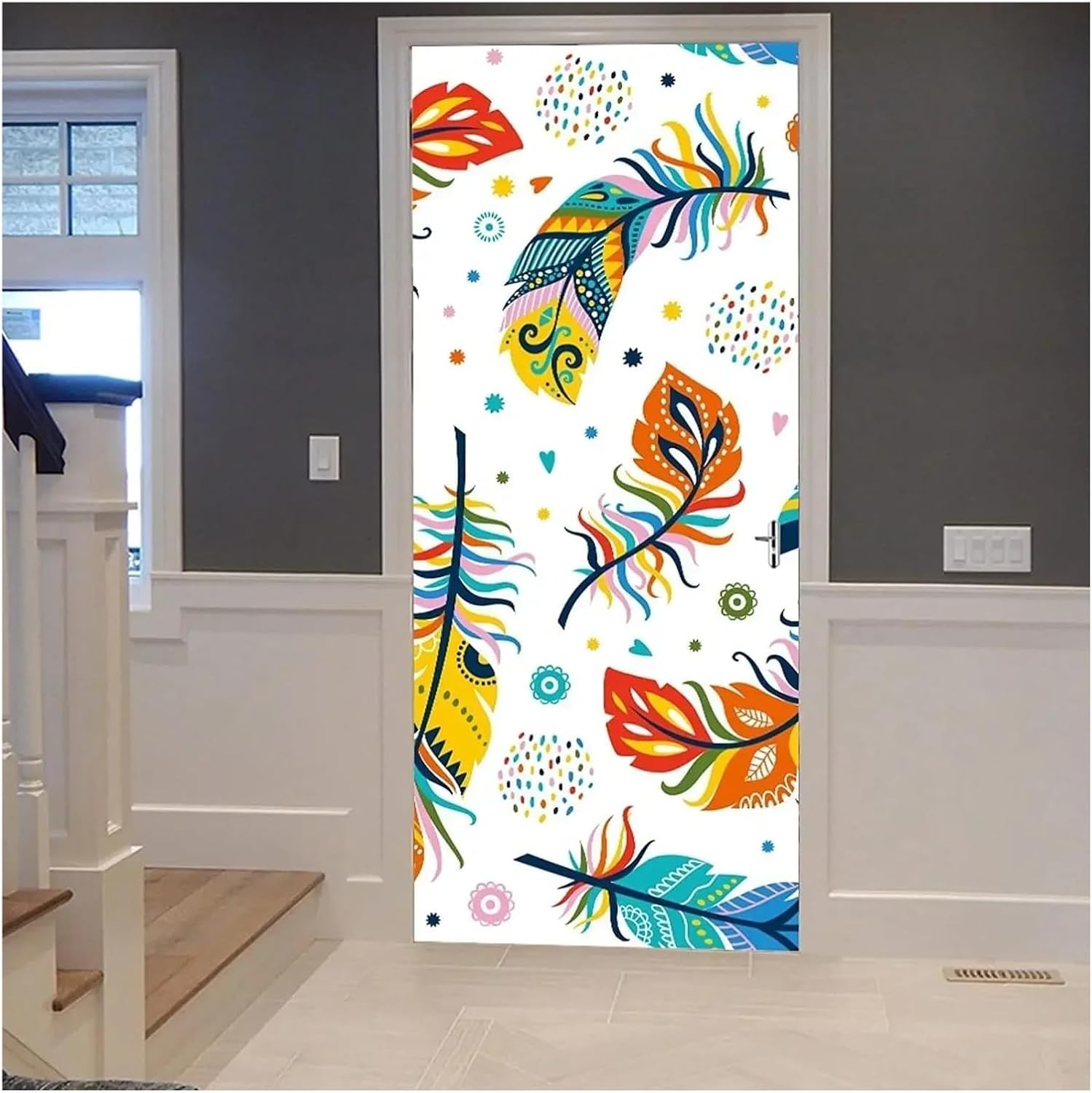 ドアデカール3D 3D フェザースプラッシュインクドアステッカー孔雀壁画ステッカー自己粘着動物毛皮デカール壁紙家の寝室(E,85x2