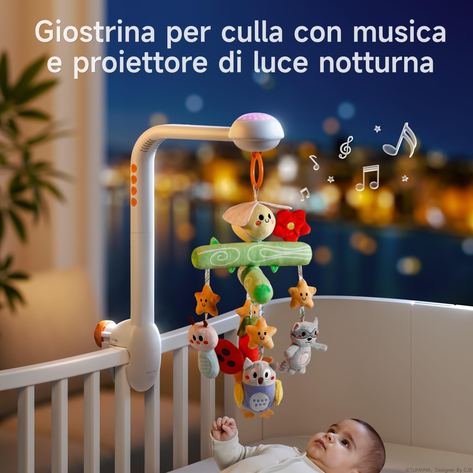 TUMAMA KIDS Giostrina Culla Neonato con Musica e Proiettore di luci, Carillon Culla per Neonati 0 3 6 9 Mesi, Sonaglio Giochi Neonato Telecomandato Giocattolo Sensoriale per Neonati Regalo