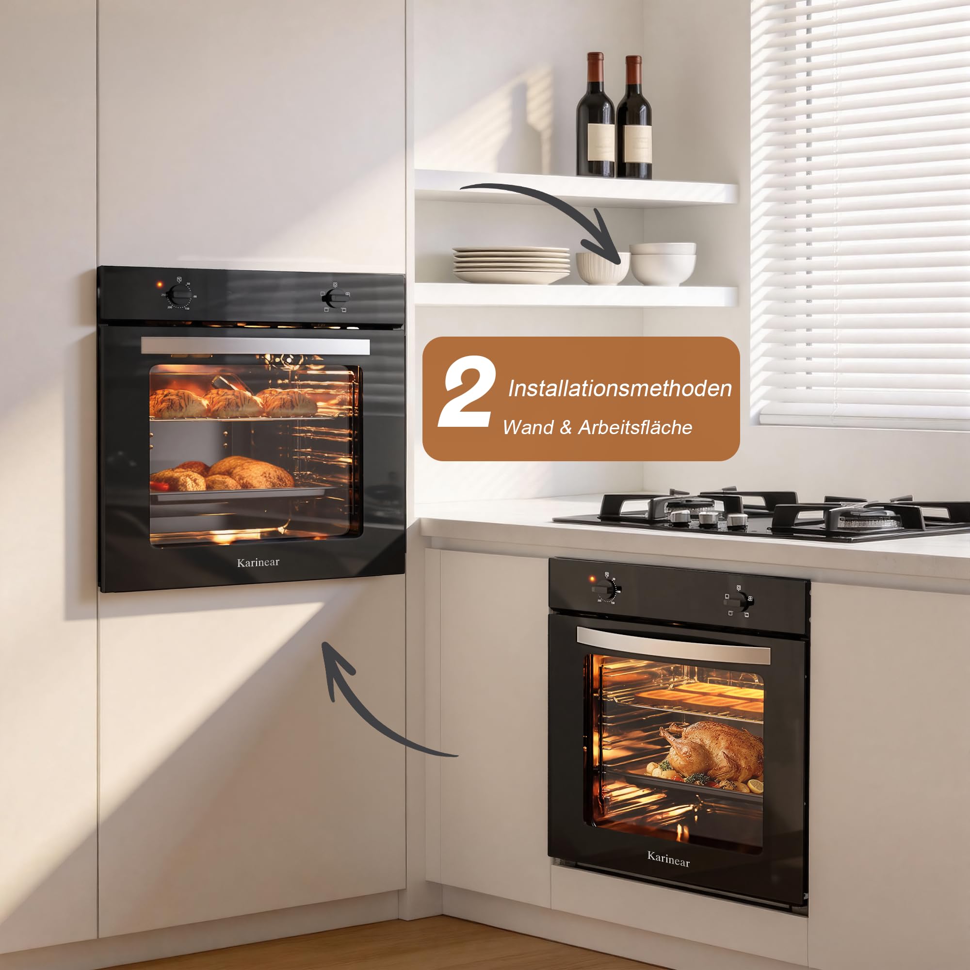 Karinear Einbaubackofen 60 cm 65L mit Stecker, 4 Programme, 2000W, Schwarz | 65L Einbaubackofen mit Stecker, 4 Programmen, 2000W Schnellheizung und einfacher Knopfsteuerung, 50–250°C Temperatur