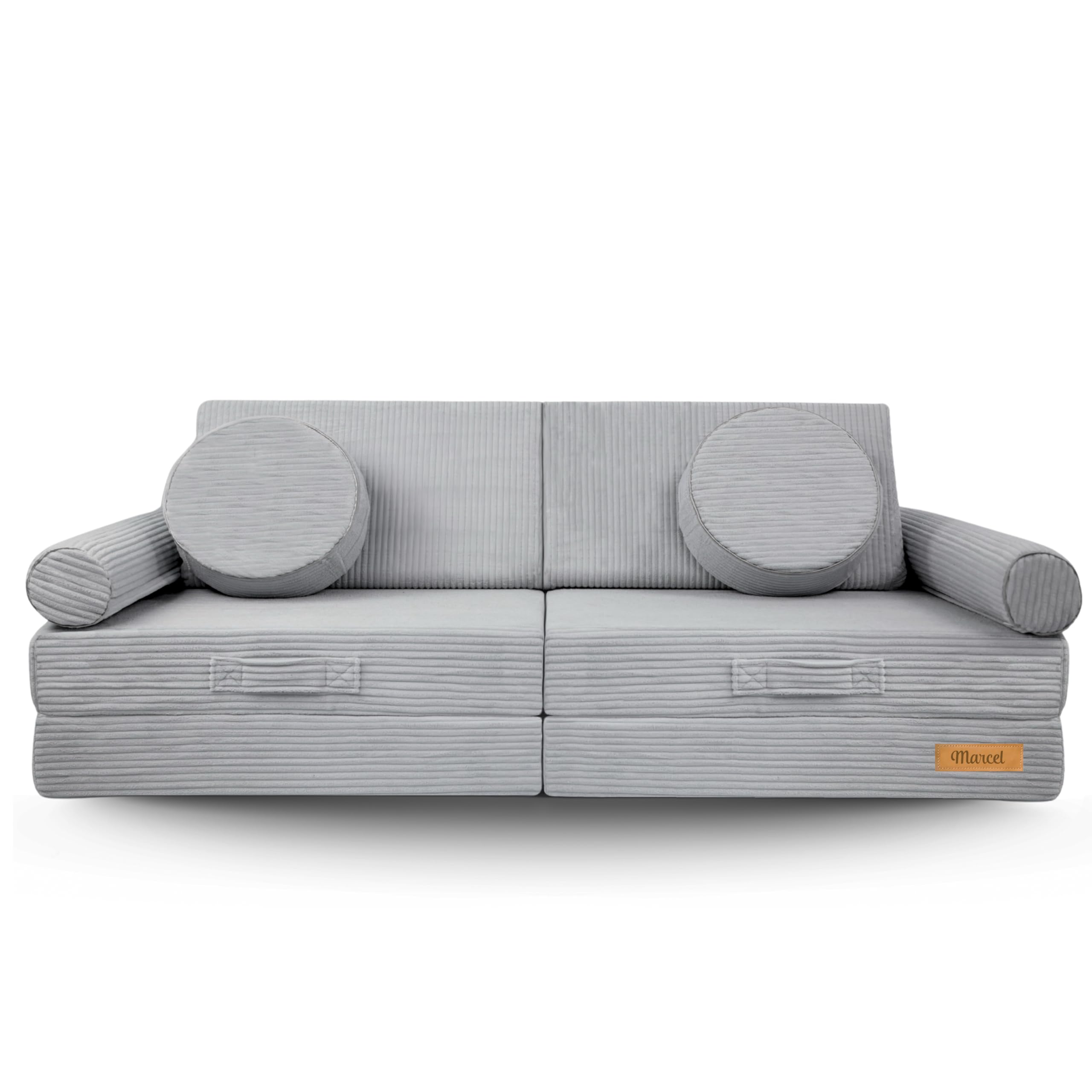 Flumi Sofa dziecięca, 10-częściowa, do pokoju dziecięcego, z nadającymi się do prania pokrowcami, możliwość spersonalizowanego imienia (sztruksowa szara)