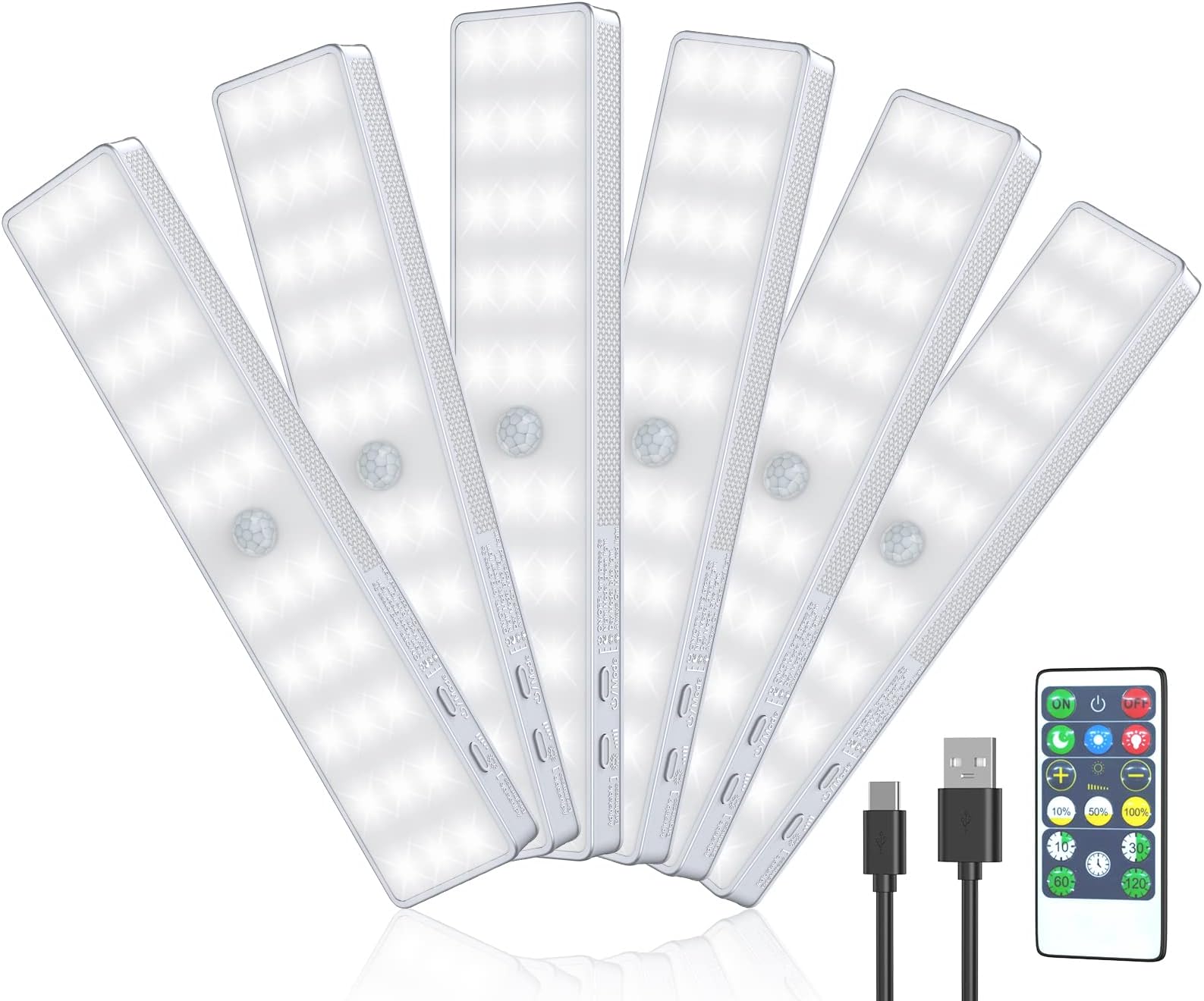 - LED Closet Light, 6 Pcs 30LEDs Dimmer Rechargeable Motion Sensor Under Cabinet Lighting, Stick-Anywhere Night Safe Light Bar for Wardrobe,Kitchen