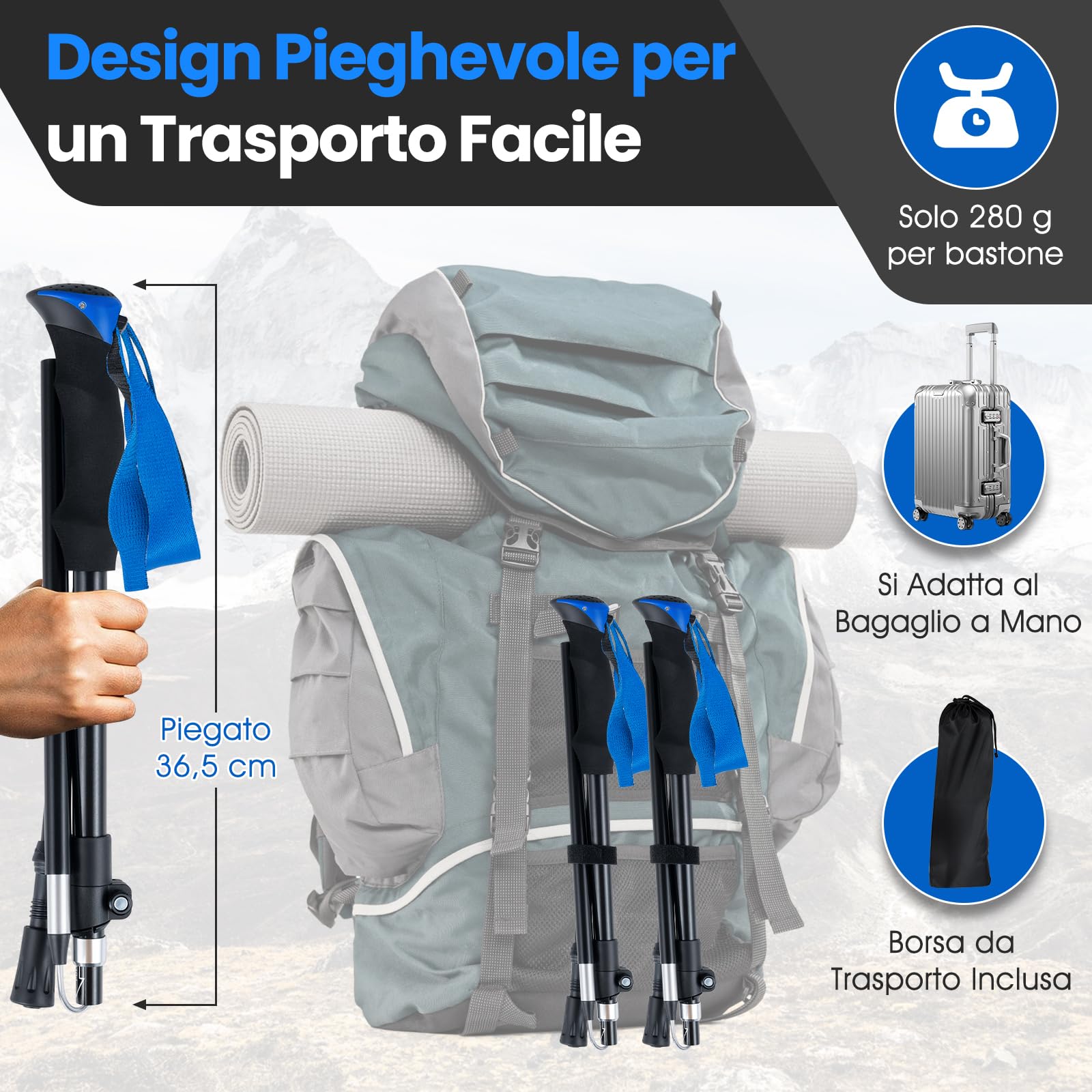 COSTWAY Bastoncini da Trekking Pieghevoli, Bastoni da Passeggio Tri-fold Leggeri per Uomo e Donna con Blocco a Scatto, Impugnatura in Schiuma EVA, Cinturino Regolabile