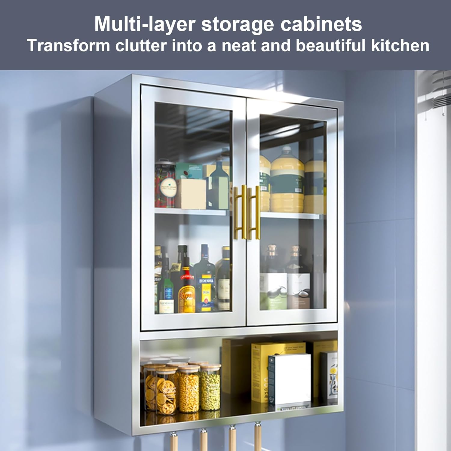 Kitchen Storage Cabinets Thickened Stainless Steel Cabinet Storage Cabinet with Doors and Shelves Suitable for Various Spaces Such as Kitchens Bathrooms Balconies(90 * 32 * 60cm)