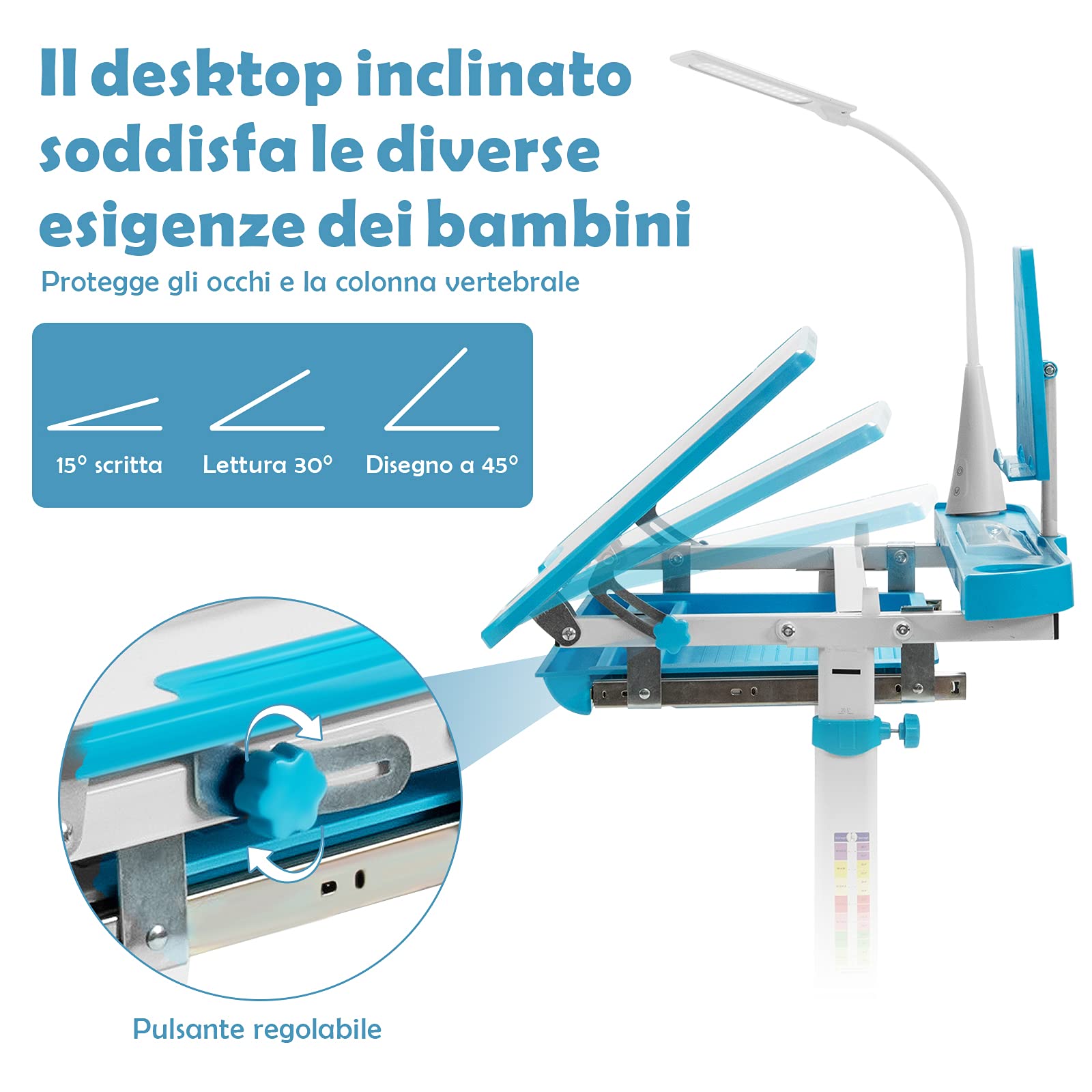 COSTWAY Set Scrivania e Sedia per Bambini, Tavolo Regolabile in Altezza con Piano Inclinabile 45° e Luce LED 3 Modalità, Tavolo e Sedia Ergonomica in Materiali Sicuri per 4+ Anni (Blu)