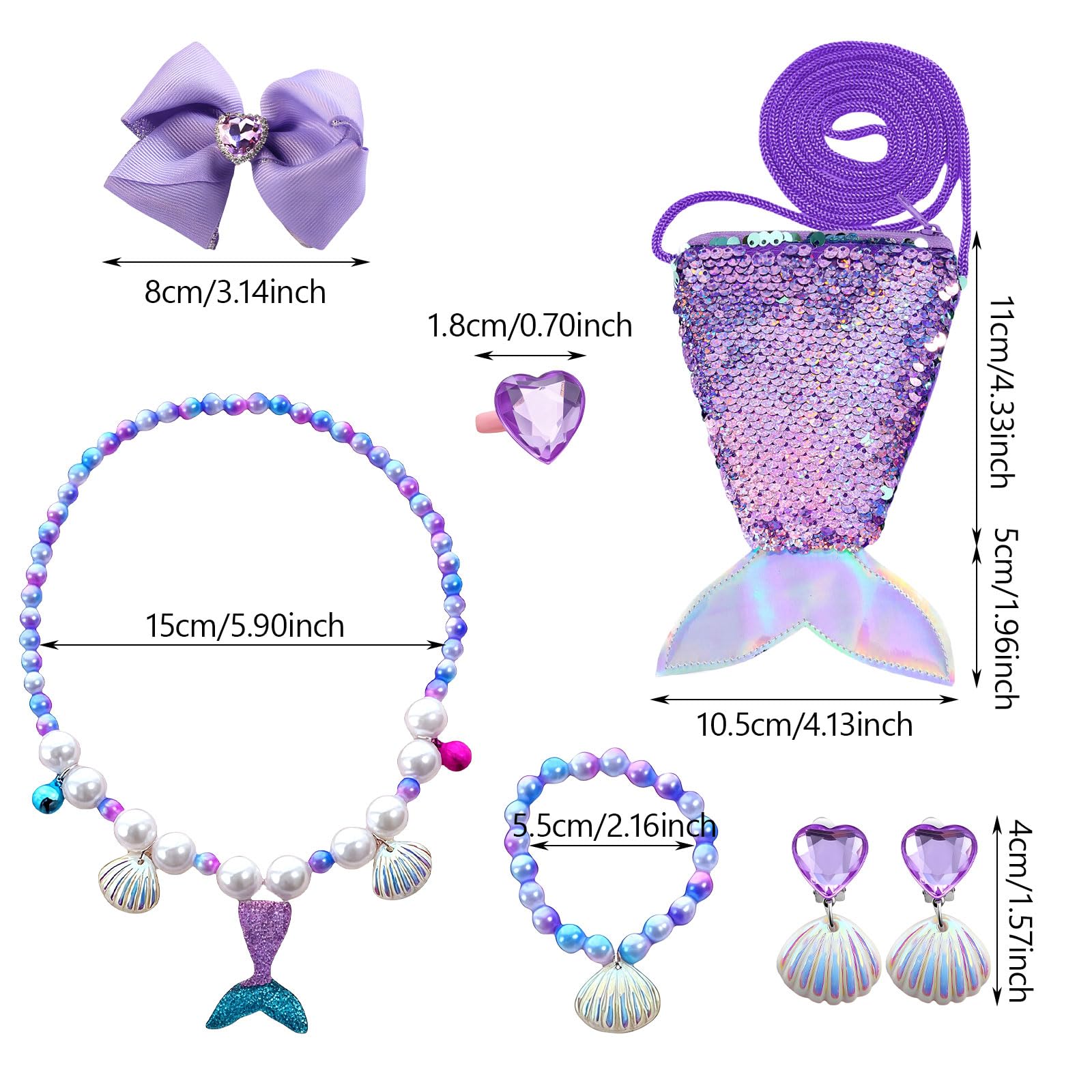 GWAWG Mermaid Bag Jewellery Gift Set: 7 PCS Princess Necklace, Bracelet, Rings, Earrings - Image 2