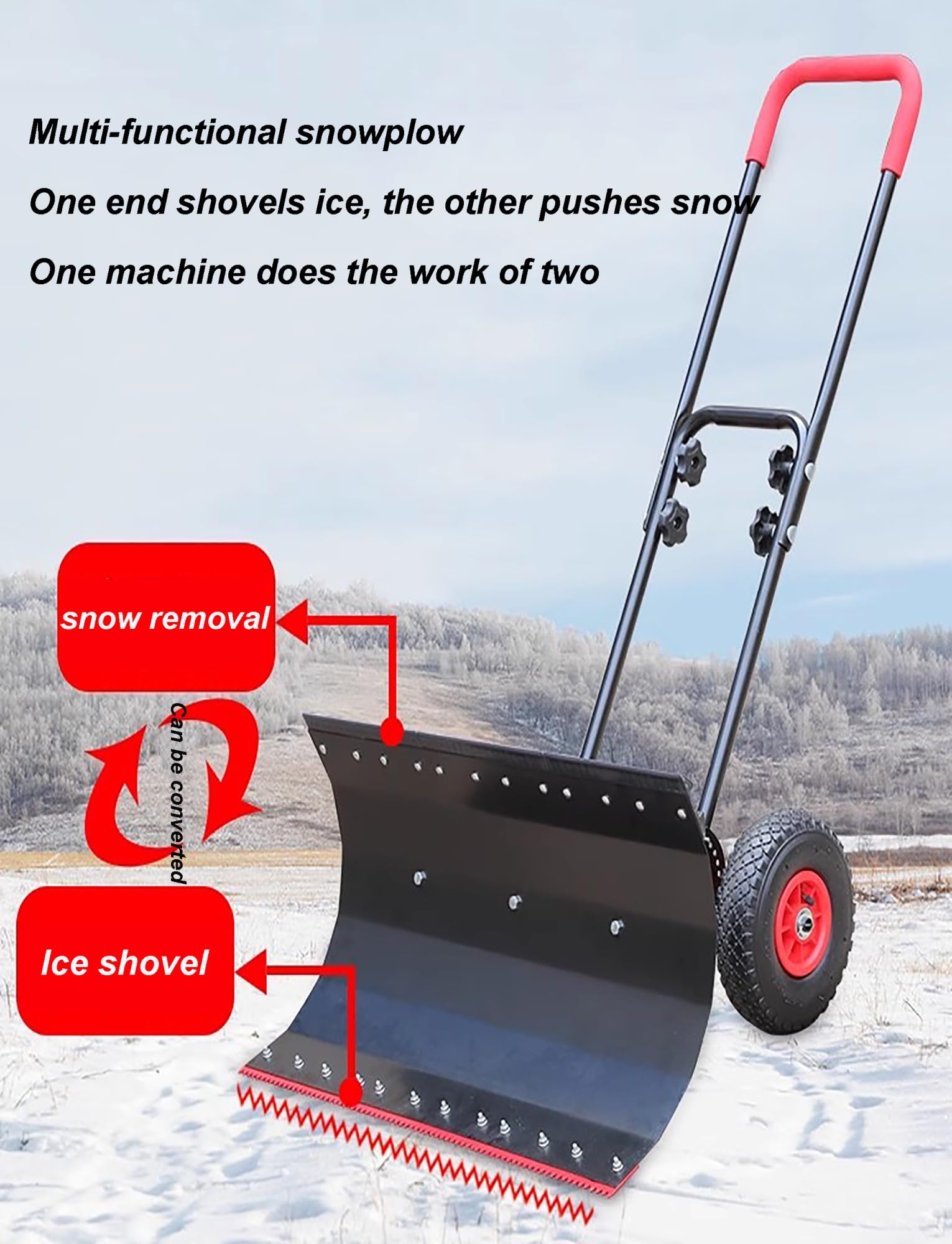 Pala empujadora de Nieve de Metal con Ruedas, empujador de Nieve rodante bidireccional Resistente for calzadas y aceras
