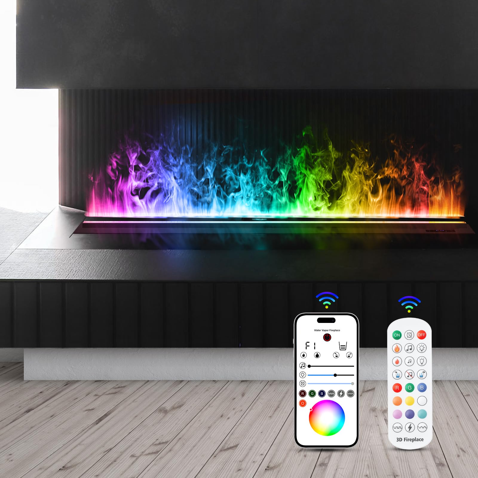 Chimenea de Vapor de Agua 9 Colores Llama, sin Calor 120cm | TUYA App Control, Control remoto, 3D-Llama multicolor, Para dormitorio, Decoración del hogar, Humidificador