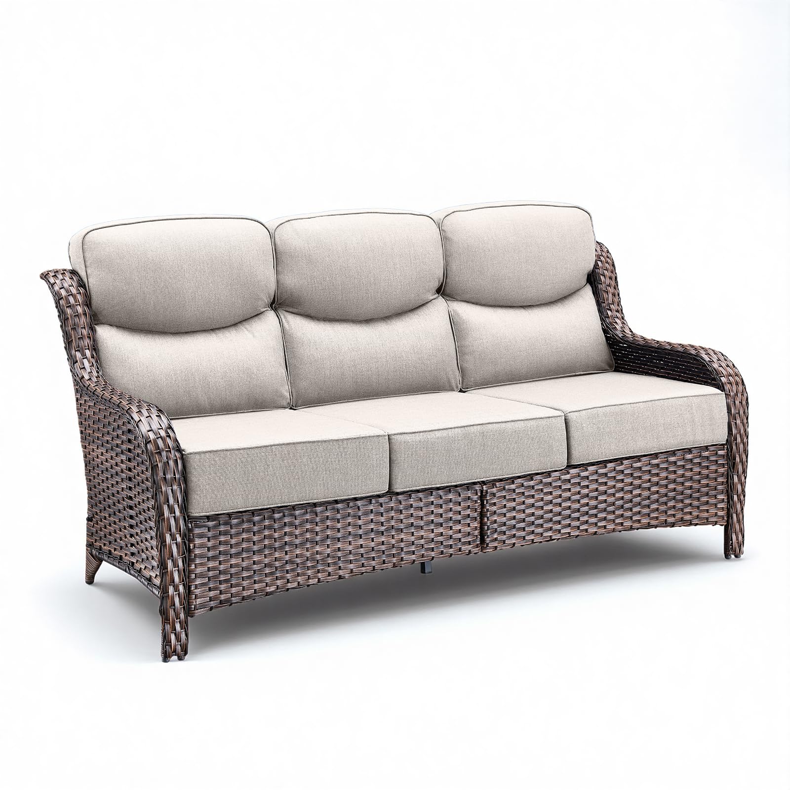 Wicker Patio Sofa with 6" Thick Cushions, All-Weather Outdoor Rattan Couch with High Backrest and Deep Seat, Outdoor Patio Sofas for Porch, Yard, Garden, Brown/Beige