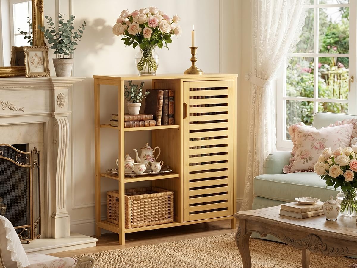 HITNET Mueble Baño Bambu, Armario Bajo Baño Auxiliar, Gabinete de Almacenamiento con Puerta y 3 Estantes Abiertos, para Sala de Estar, Cocina, Entrada, Natural