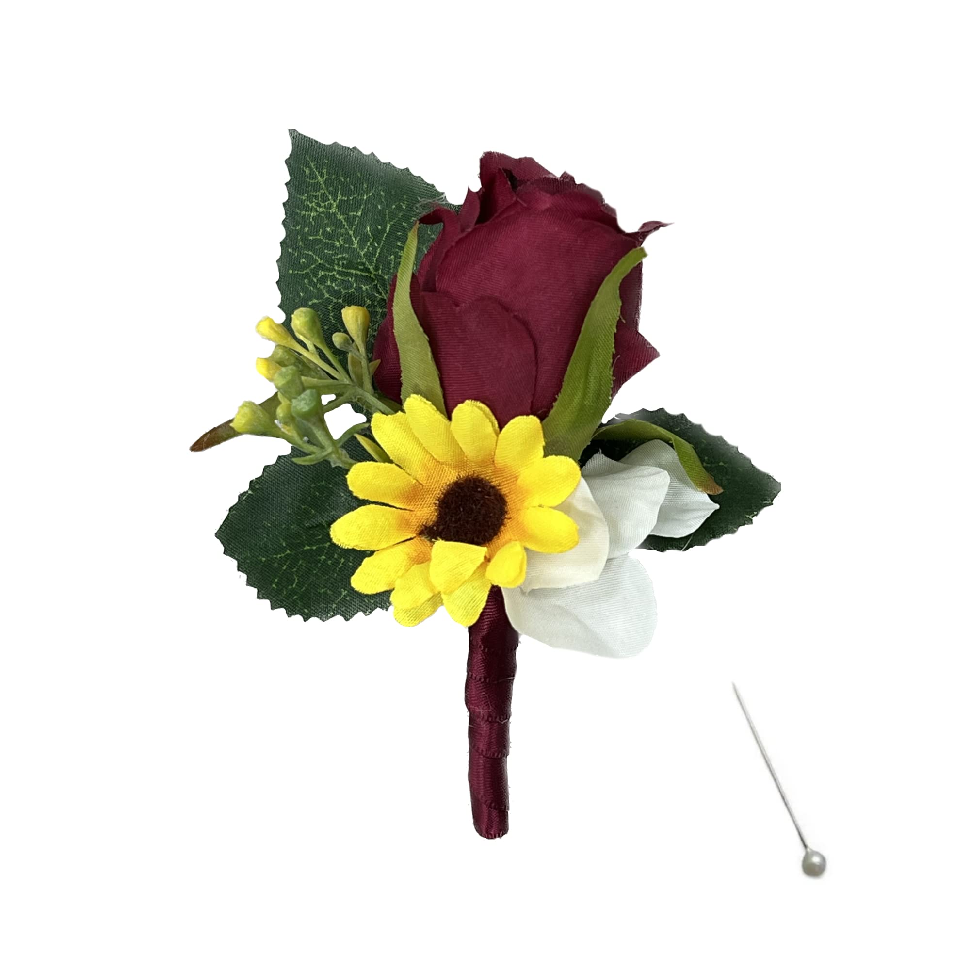 Angel Isabella, LLC Build Wedding Package - Beautiful Fall Wedding Marine Navy, Wine Burgundy, Ivory, Sunflowers Artificial Flower (Boutonniere B)