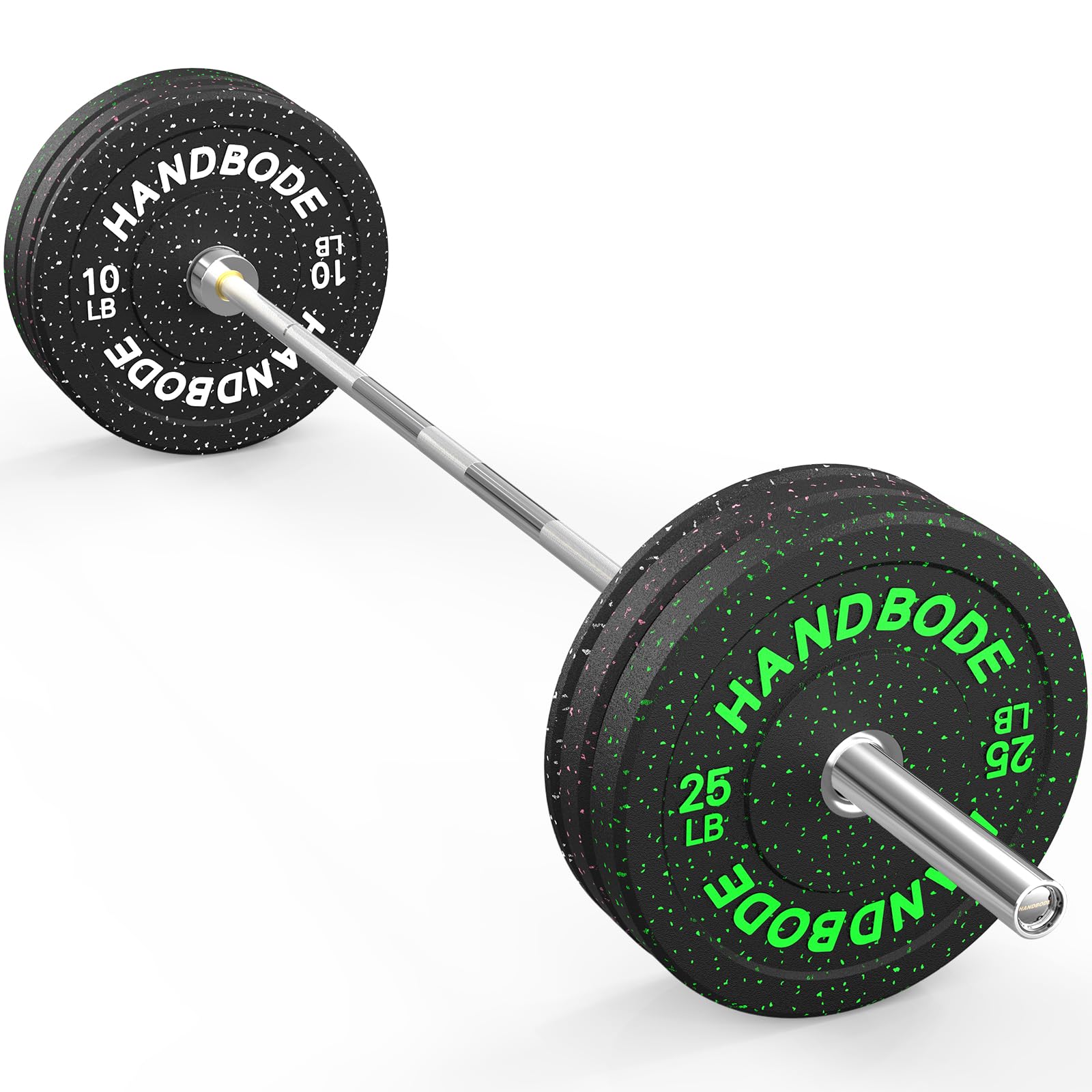 HANDBODE Bumper Plate Olympic Weight Plate Set 2 - Inch, 10-55 lb Barbell Weight Plates for Home Gym, Black Rubber Strength Training Plate for Weight Lifting with 45 lb (20 kg) Black/Silver Barbell