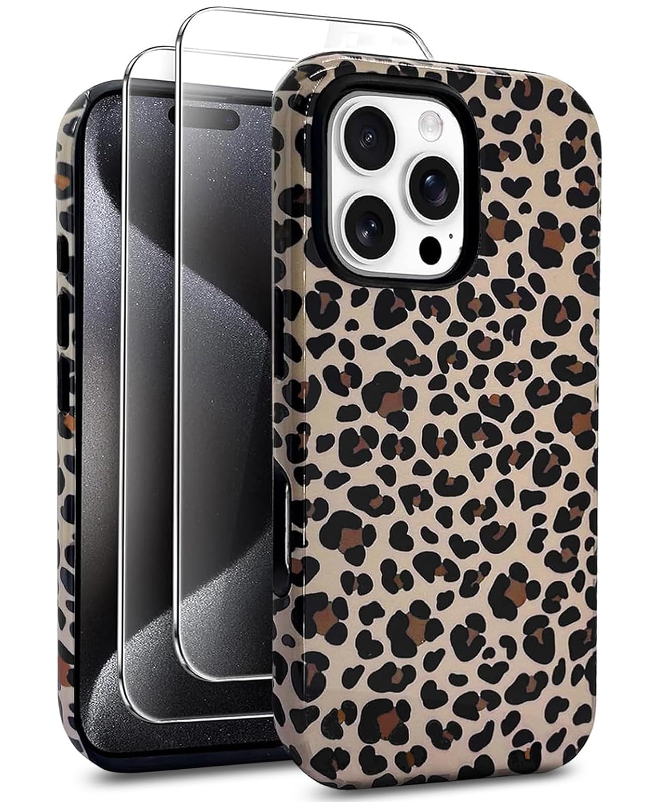 J.west Funda compatible con iPhone 14 Pro de 6.1 pulgadas con 2 protectores de pantalla de vidrio templado, lindo animal leopardo, funda híbrida para niñas y mujeres, fundas protectoras estéticas para