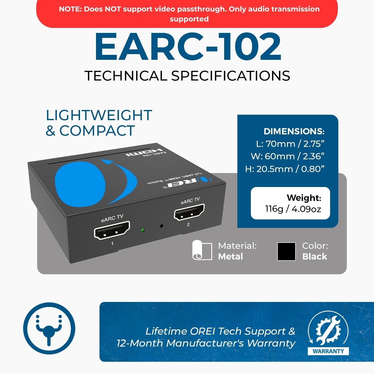 OREI eARC/ARC HDMI 2x1 Audio Switch – Connect One Soundbar/AV Receiver to Two eARC TVs, Supports Dolby Atmos, DTS:X, TrueHD, 32-Channel Audio, Auto/Manual Switching, Heavy-Duty Metal Housing