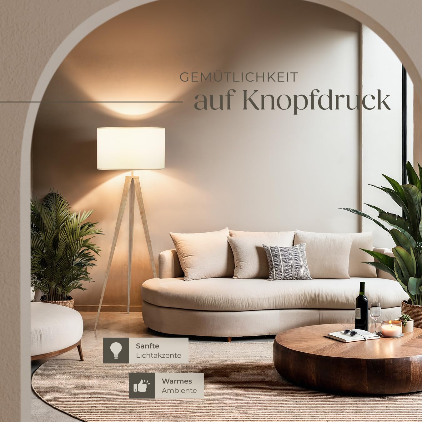 tectake® Dreibein Stehlampe, Lampe im retro boho Stil, gemütliches Ambient Light für Schlafzimmer, Wohnzimmer, als Esszimmerlampe, Lampenschirm in Leinenoptik, modern skandinavisch - eiche