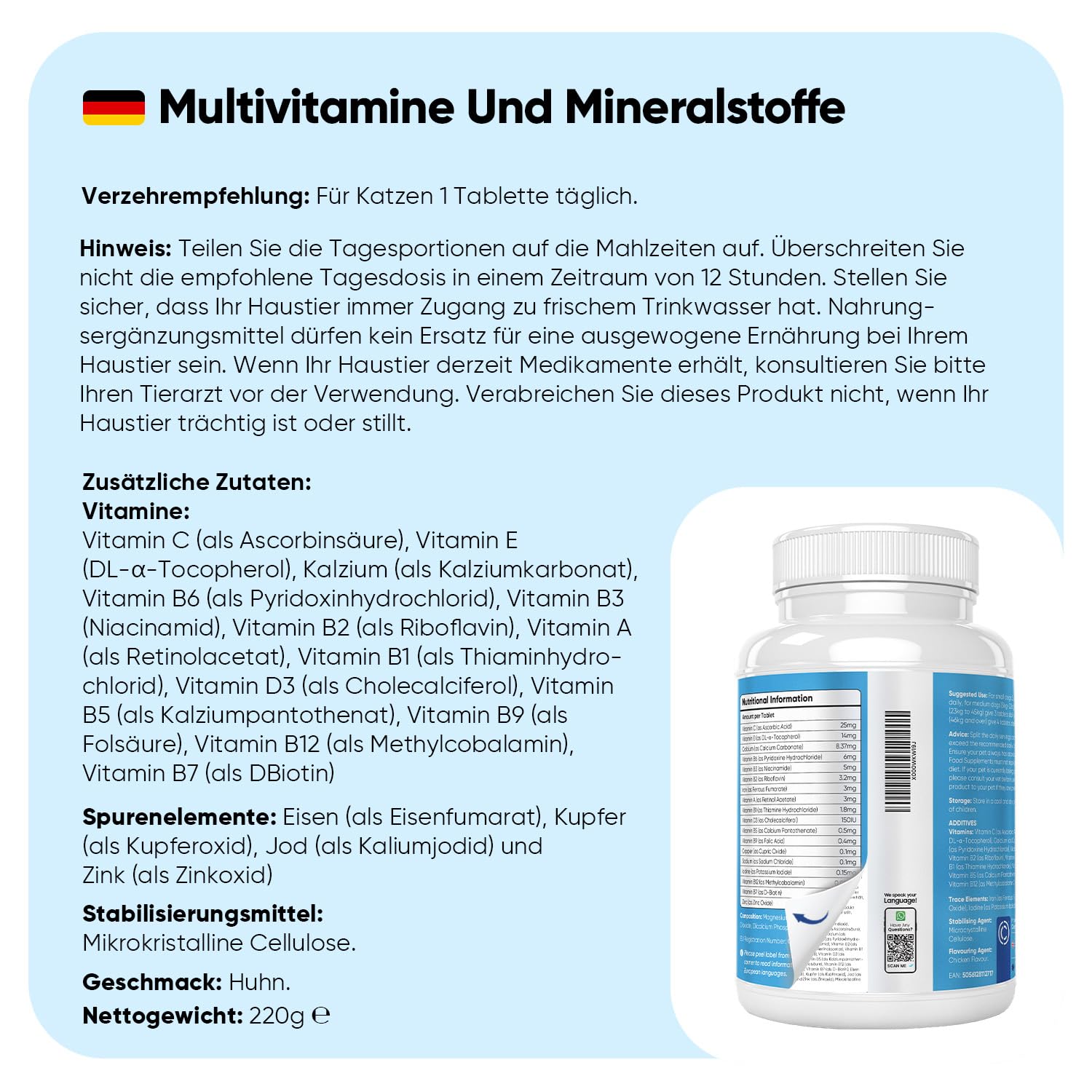 Animigo Multivitamine für Katzen - 365 Vitamine Tabletten - Mit Vitamin B Komplex(Biotin, Folsäure), C, D3, Kalzium, Eisen, Kupfer, Jod, Zink - 18 Mineralien & Vitamine für Katzen & Kätzchen Immunität