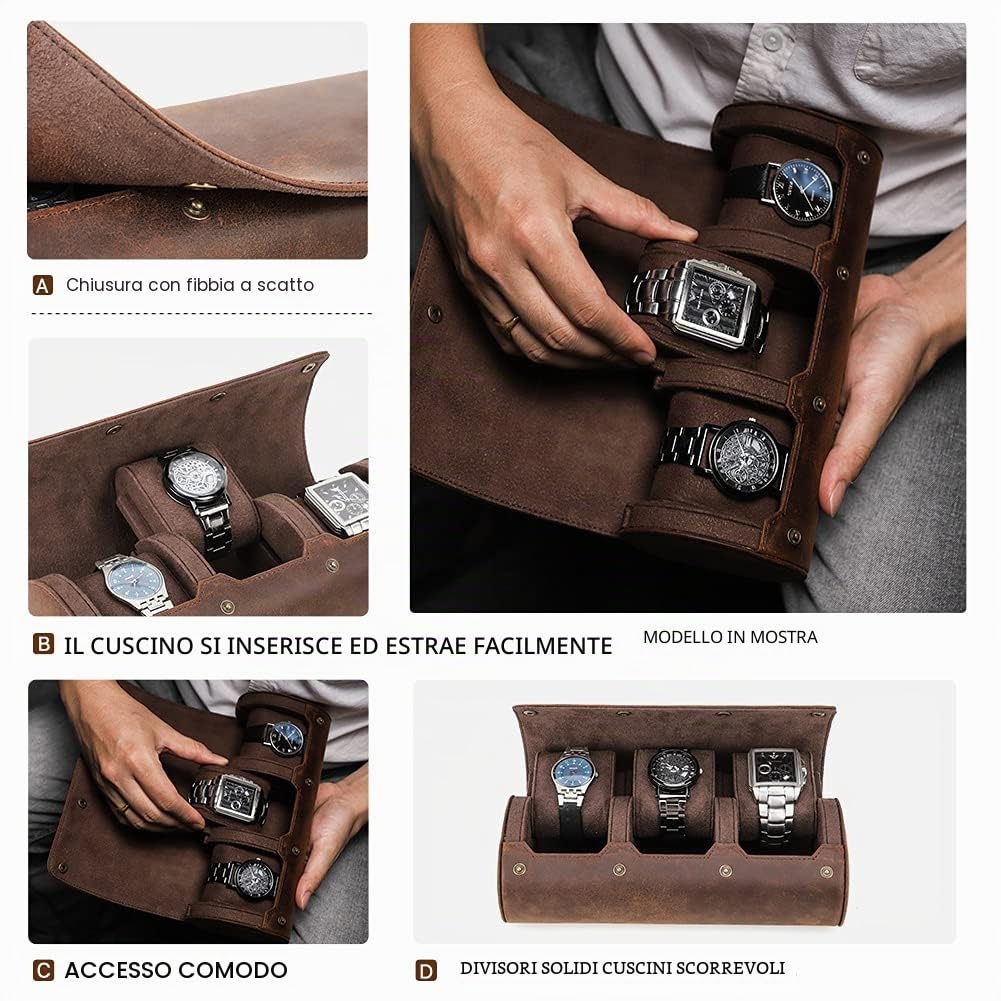Contacts, Custodia per orologi e gioielli in vera pelle, cilindrica, protettiva, da viaggio, con cuscinetto cilindrico e morbida fodera (Caffè 2, per 3 orologi)