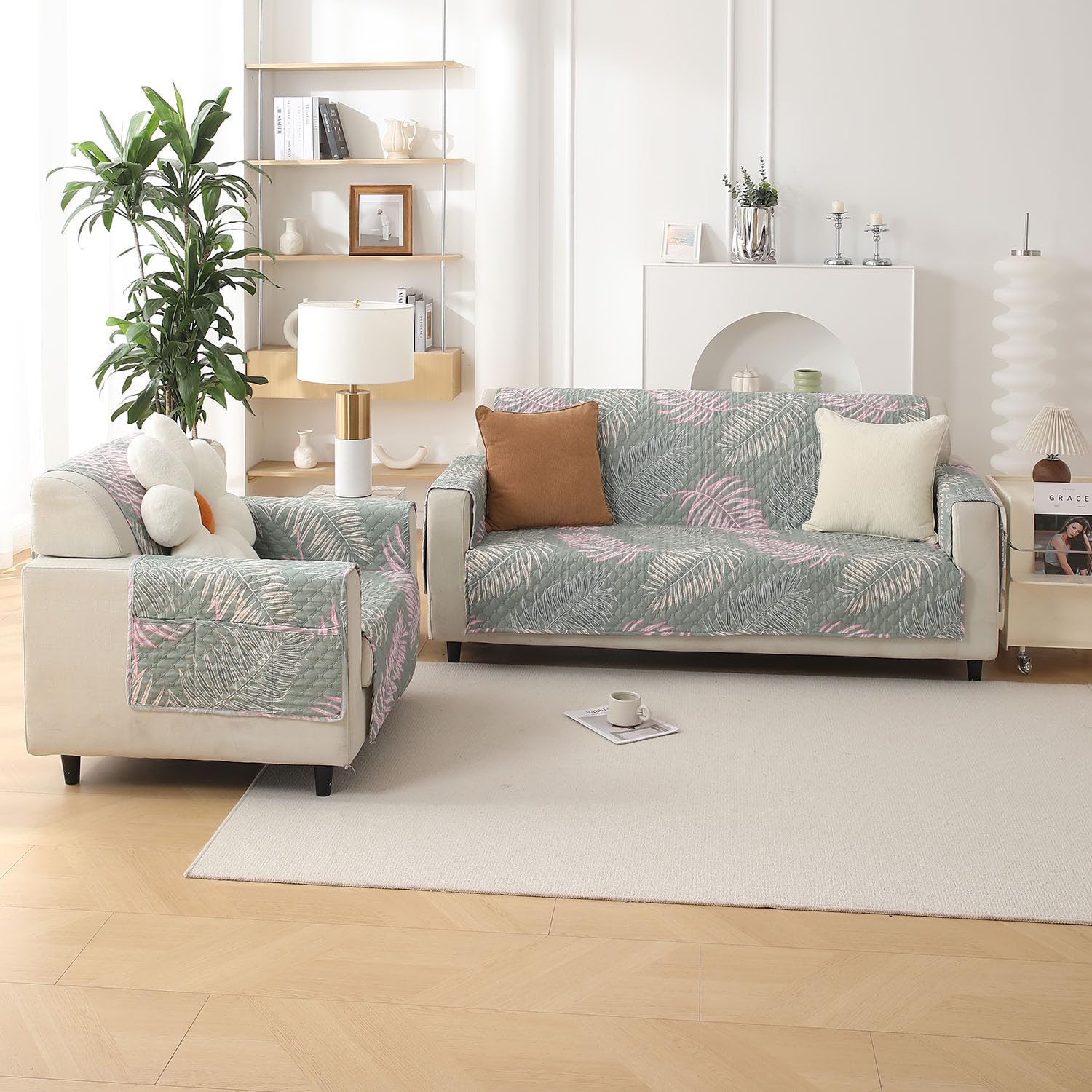 Pastel Green Quilted Sofa Cover with Pockets -9 Pastel Green Quilted Sofa Cover with Pockets -9