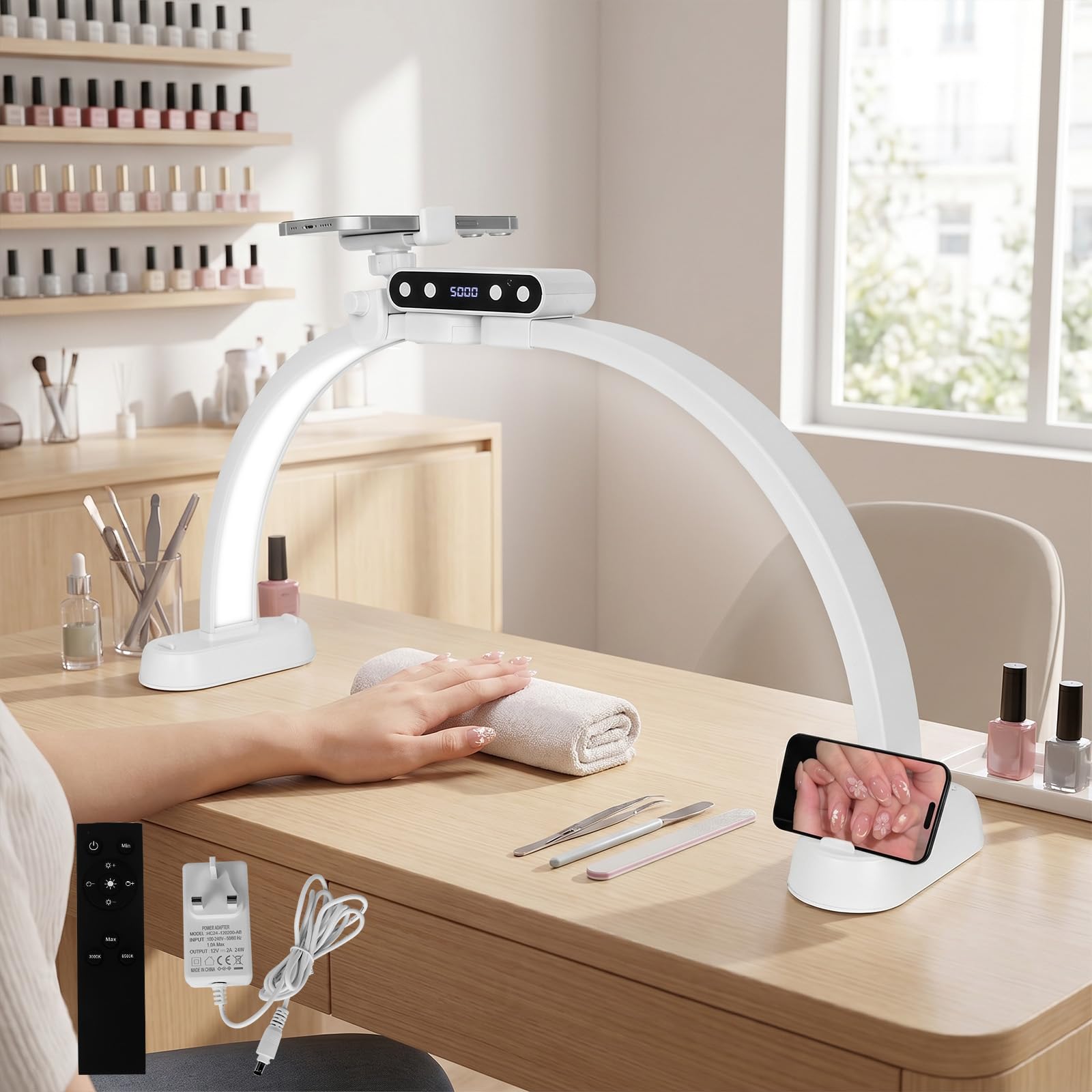 LPQKCcY Half Moon Light for Nail Desk, 23" Dimmable LED Nail Table Lamp with 3 Color Modes, Foldable Arch Light with Phone Stand for Manicure Art, Eyelash Extensions, Beauty, Tattoo