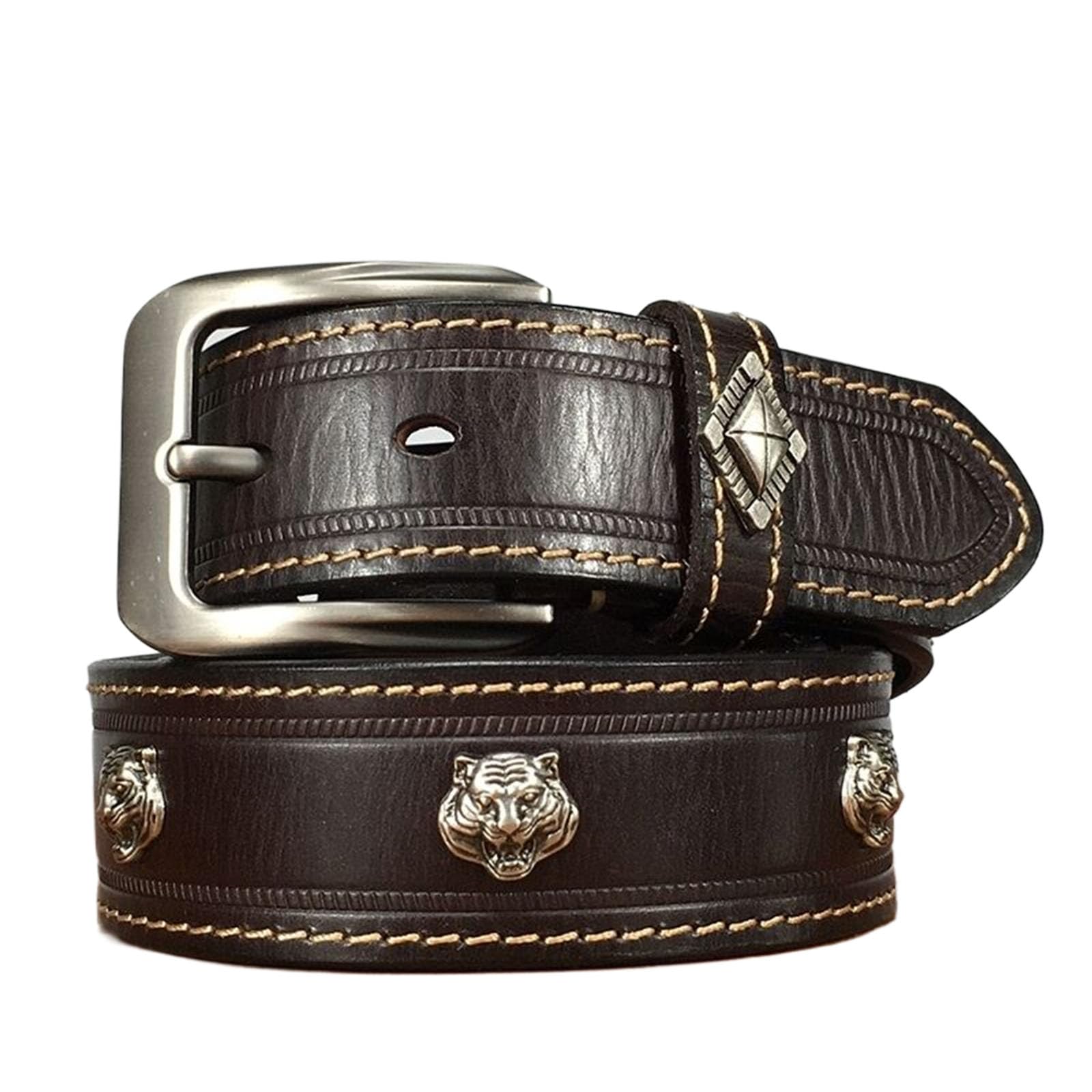 Jiary Unisex Brown ,100Cm/39.4'',Mens Belts Leather Rivet, Western Studded Biker Punk Tiger Head Belt For Men With Metal Alloy Pin Buckle