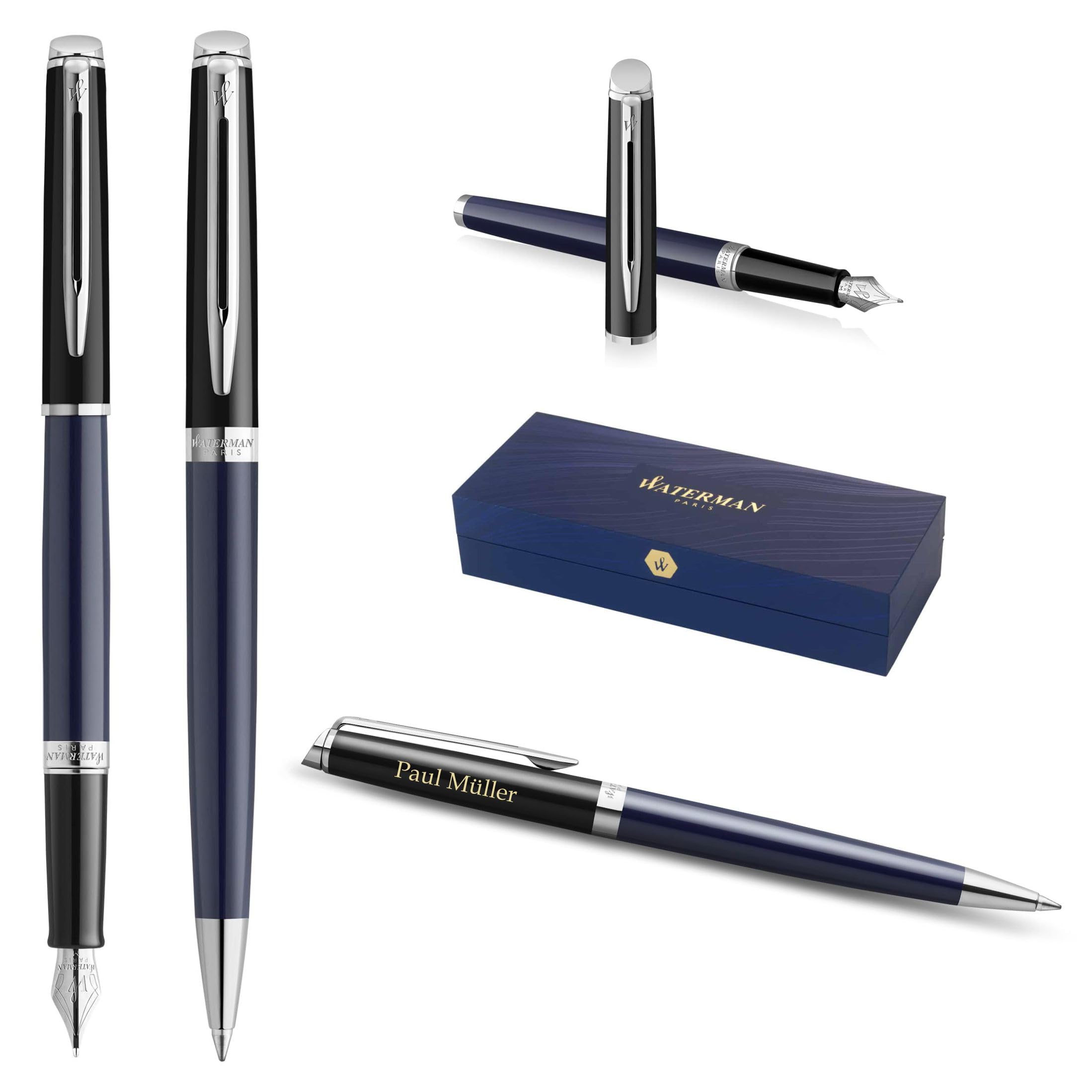 Waterman Hémisphère Ensemble stylo plume et stylo à bille avec gravure, kit d'écriture de luxe, personnalisable, comme cadeau d'anniversaire, d'anniversaire et de Noël, bloc noir et bleu