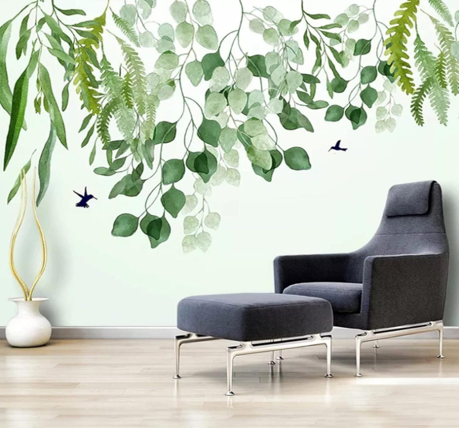 XLMING Hand Drawn Green Fresh Leaves Birds in Flight 3D Wallpaper Luxury Silk Study Dining Feature Sofa Grey Bedroom Living Room Tv Decorative Wall-300cm×210cm