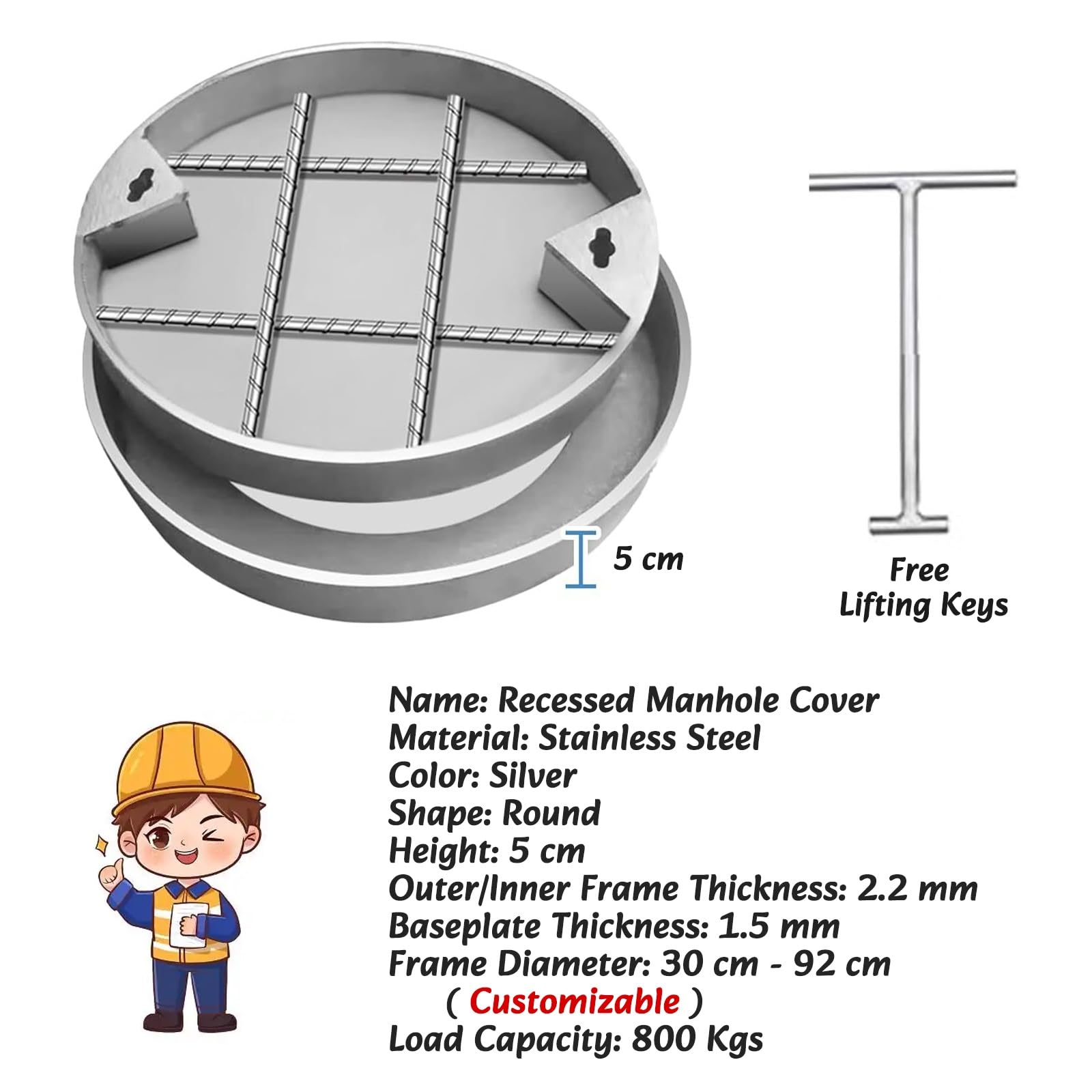 Coperchio per pozzetto di ispezione Nascosto in Acciaio Inox di Alta qualità - Coperchio Rotondo per pozzetto di ispezione Incassato con Strumenti di Apertura, Misure 300 mm/500 mm, Ideale p