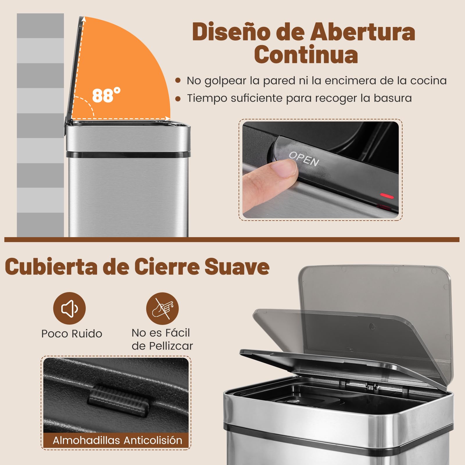 COSTWAY 72 L Cubo de Basura Automatico de Acero Inox, Cubos de Basura de Reciclaje con Sensor de Movimiento, 4 Compartimentos, 2 Niveles, Cubos de Basura Cocina Inteligente (Plata)