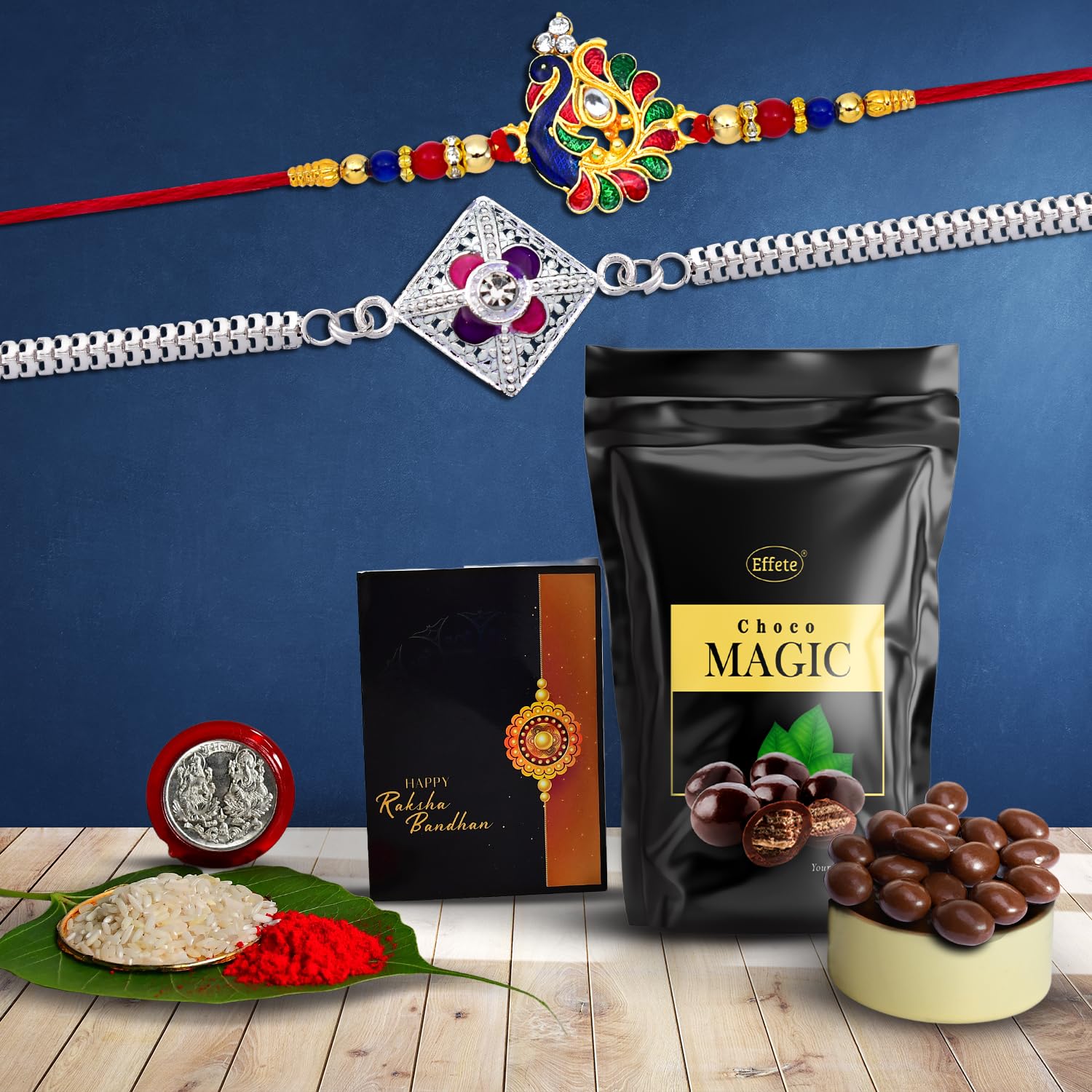 effete (K2_298+A62_Sp) Multicolor Rakhi With Chocolate Magic 32Gm, Silver Color Pooja Coin, Roli Chawal & Greeting Card | Occasion | Bracelets For Men Stylish |Set Of 2 Rakhi | (B0B68KRJZX) Amazon Price History, Amazon Price Tracker
