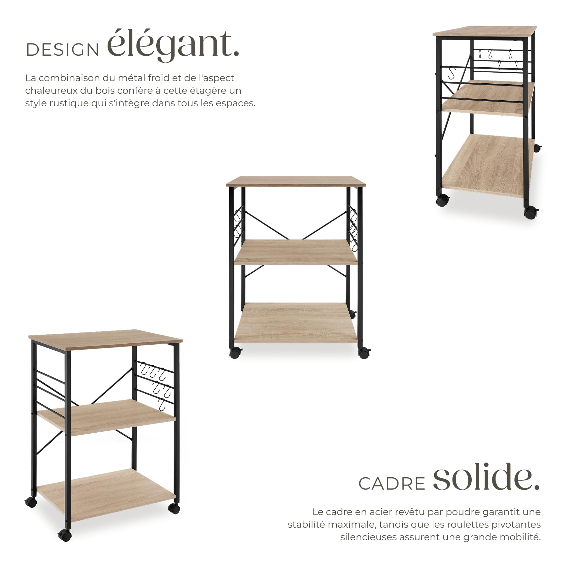 tectake® Desserte à roulettes 65,5 x 45,5 x 88,5 cm, Servante à 3 Niveaux et 6 Crochets pour Accessoires Chariot de Service Desserte de Cuisine roulettes pivotantes à Frein Meuble Cuisine, Bois Clair