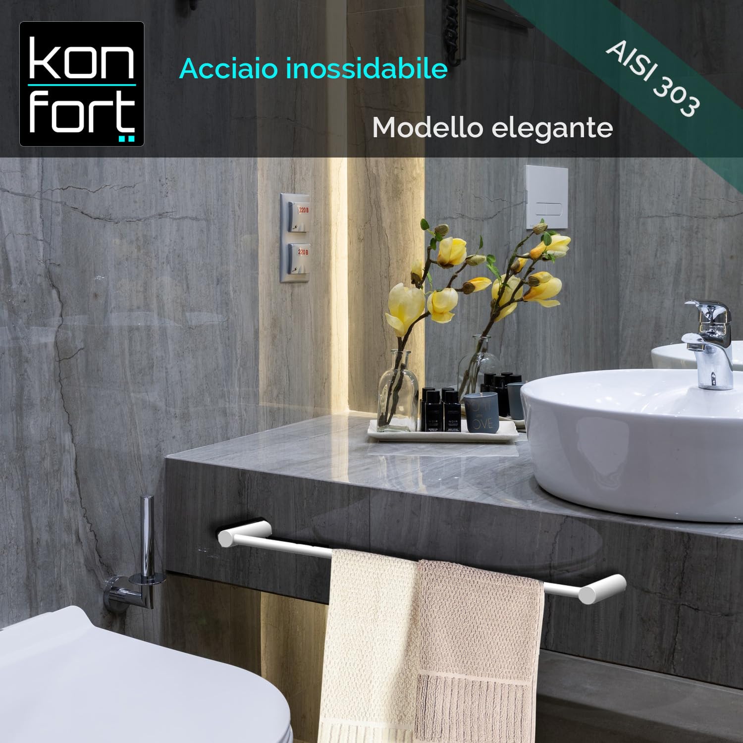 Porta Asciugamani Da Bagno Bianco 30cm - In Acciaio Inox AISI 304 | Design Moderno E Facile Installazione - Foto 5