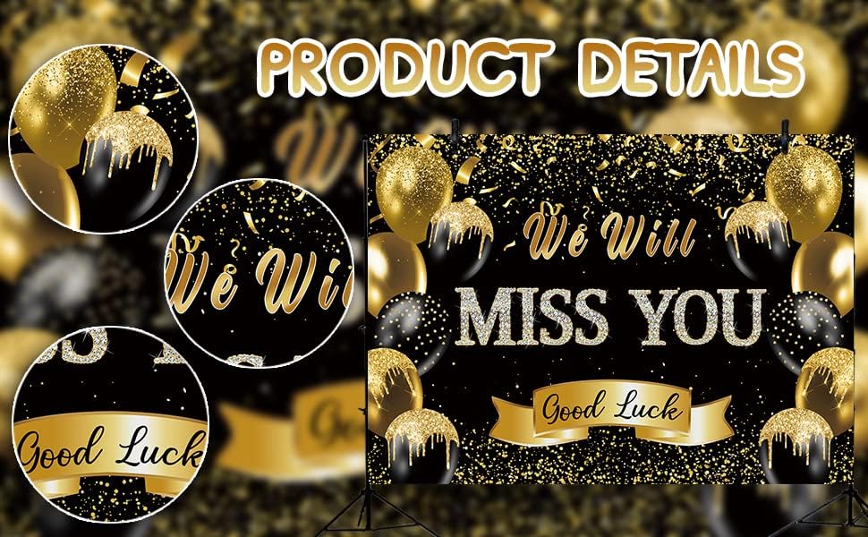 Miniatura 7 de Fondo de fiesta de despedida de jubilación We Will Miss You Black Gold Glitter Balloon Photography Background Goodbye Going Away Retirement Bye