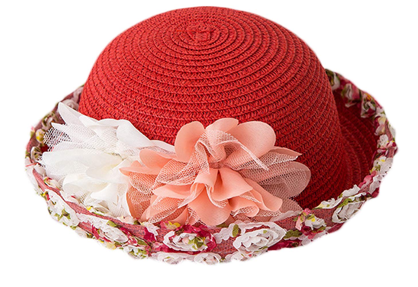Summer Baby Girl Half a Flanging Straw Hat Beach Sun Cap with Flowers