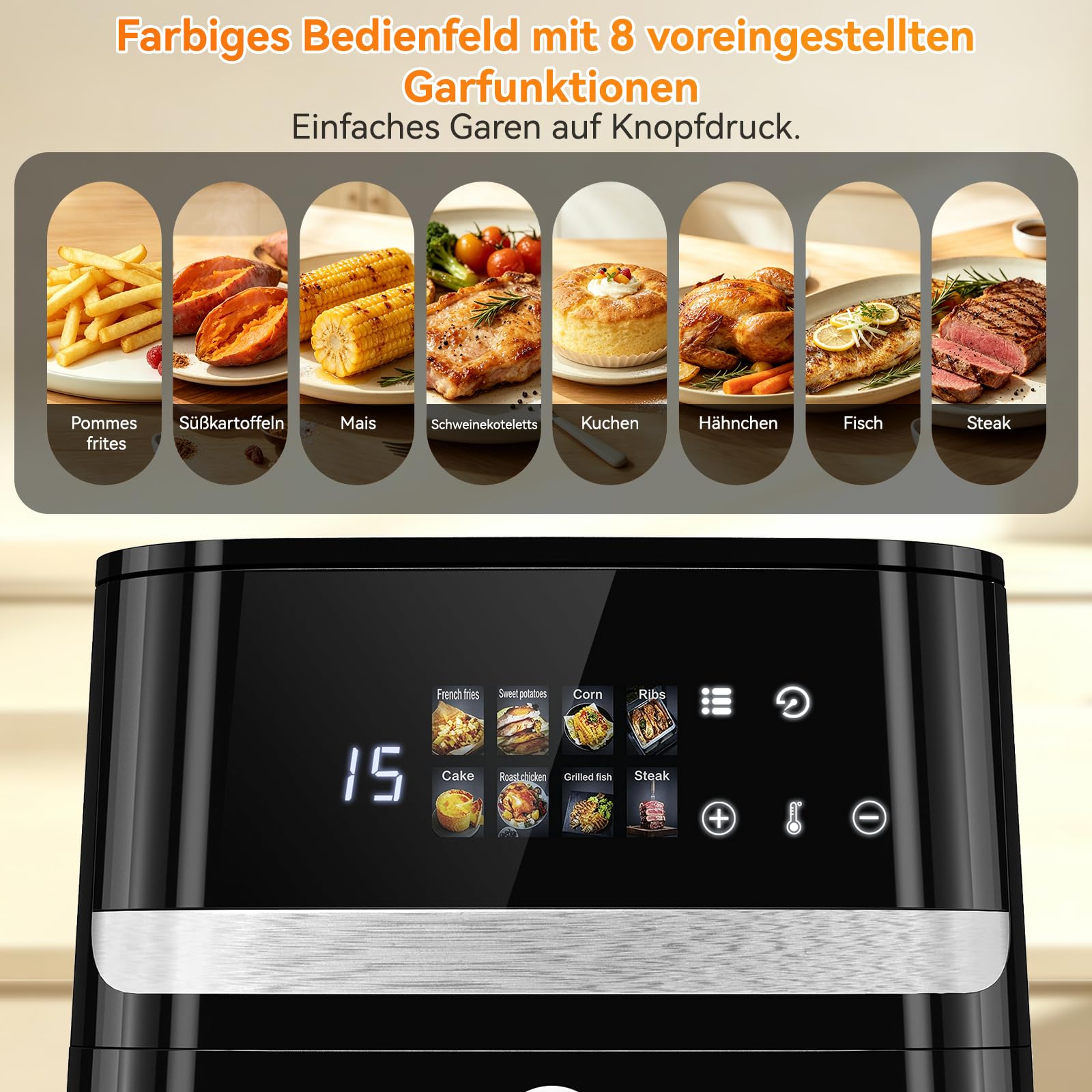 ARTETHYS Heißluftfritteuse 6,5L XL,1350W Airfryer mit 8 Programmen, Schwarz