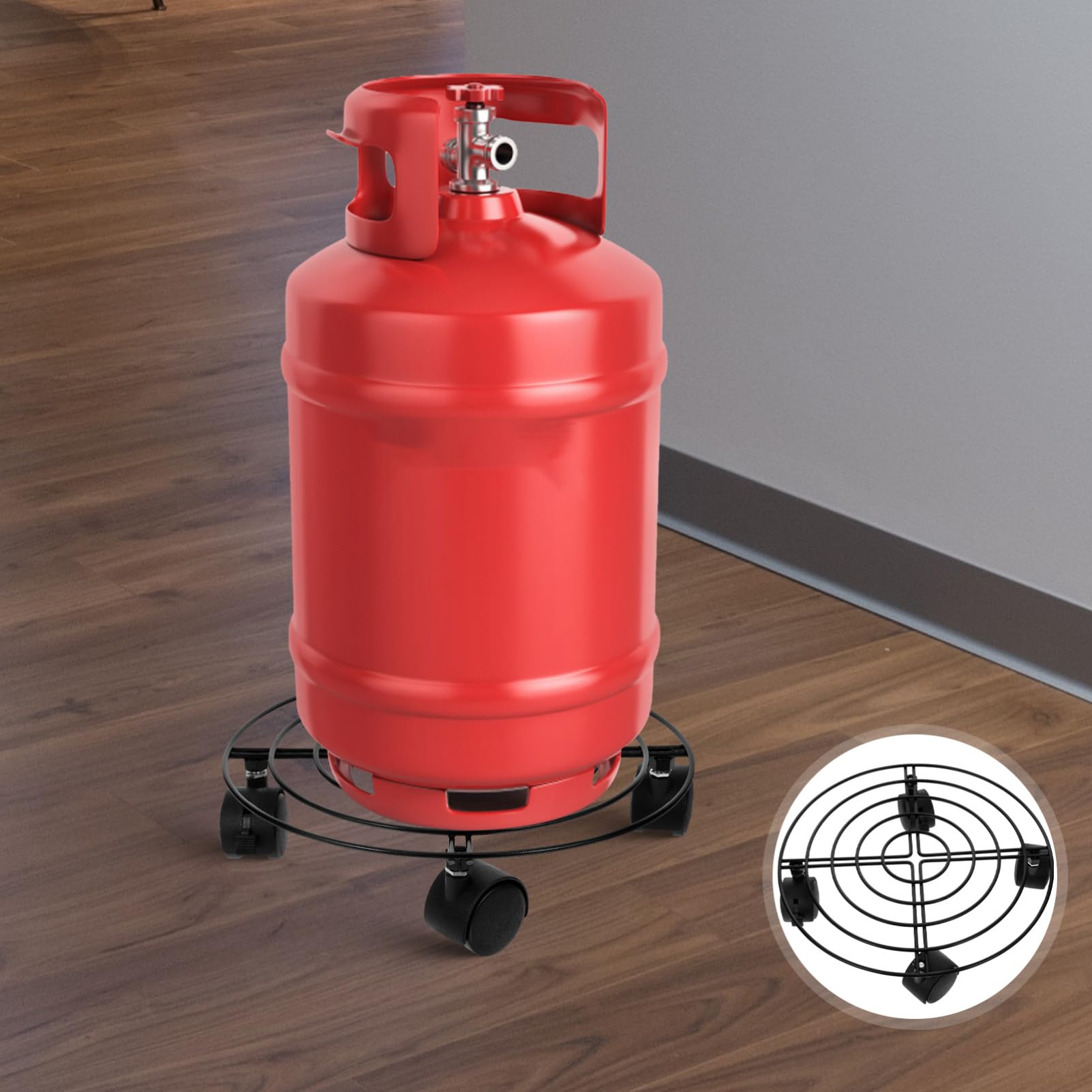 Amosfun Mobiler Gasflaschenständer aus Eisen mit Bremsrädern für Propangastanks bis 27cm Durchmesser Runder Gasflaschenhalter für Haushalt und Gewerbe