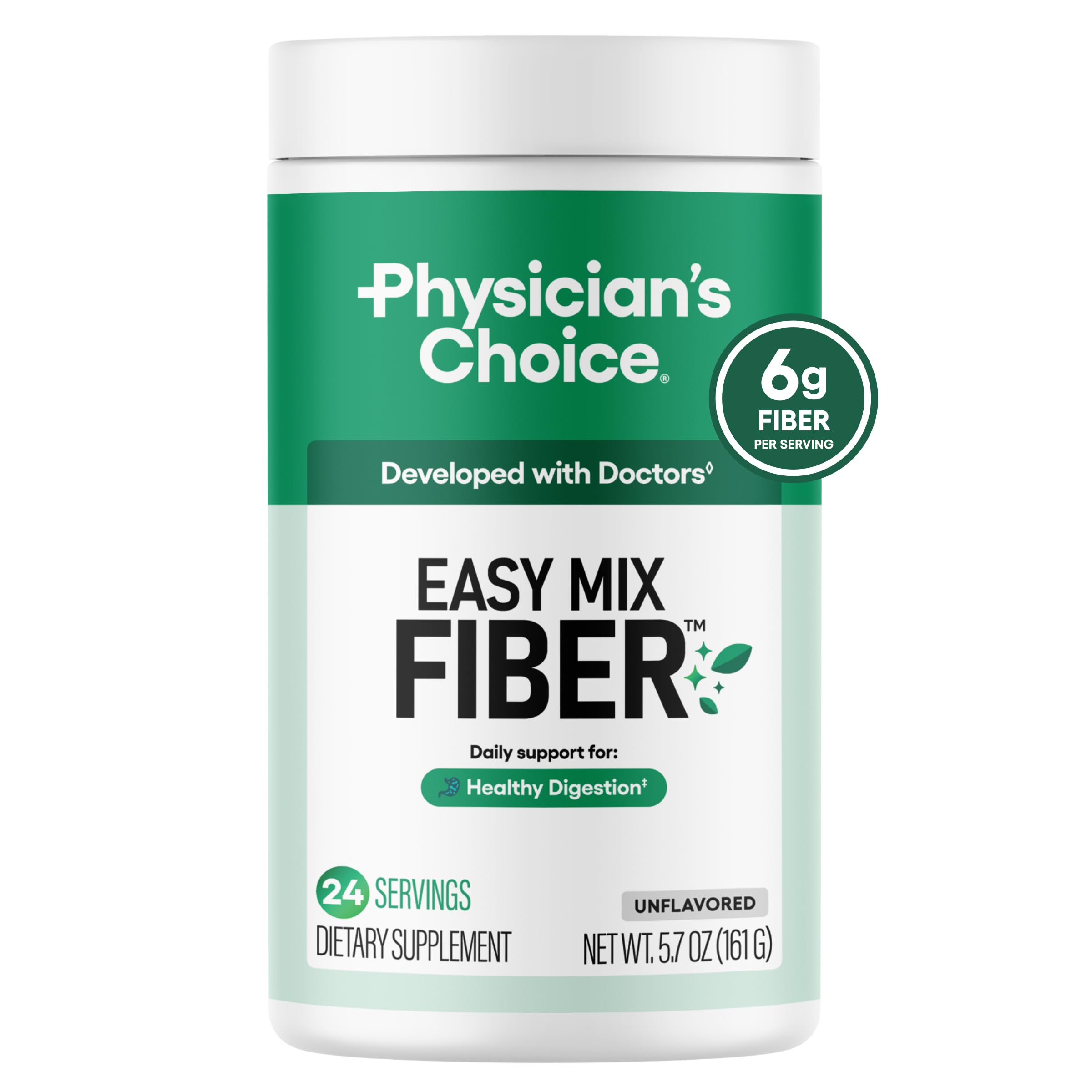 Physician's CHOICE Easy Mix Fiber for Digestive Health & Regularity - No Grit, Sugar Free, & Tasteless - Daily Prebiotic Soluble Fiber Powder Supplement for Women and Men - Unflavored - 5.7oz