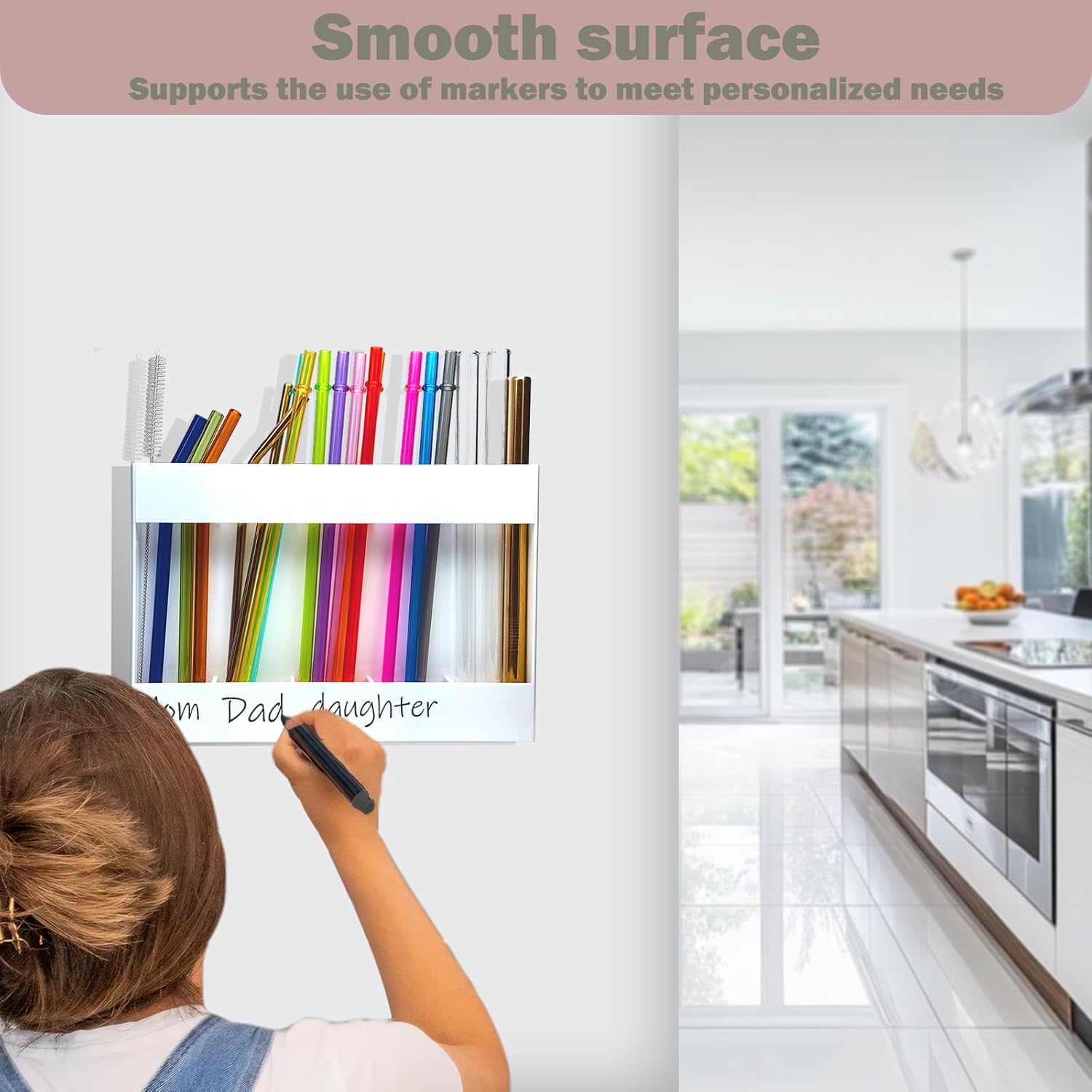 Acrylic Straw Holder, Cabinet Straw Organizer with Double Sided Adhesive Tape, Tall Drinking Straws Dispensers, Reusable Straws Storage Container for Cupboard, Kitchen Countery (White) - Image 6