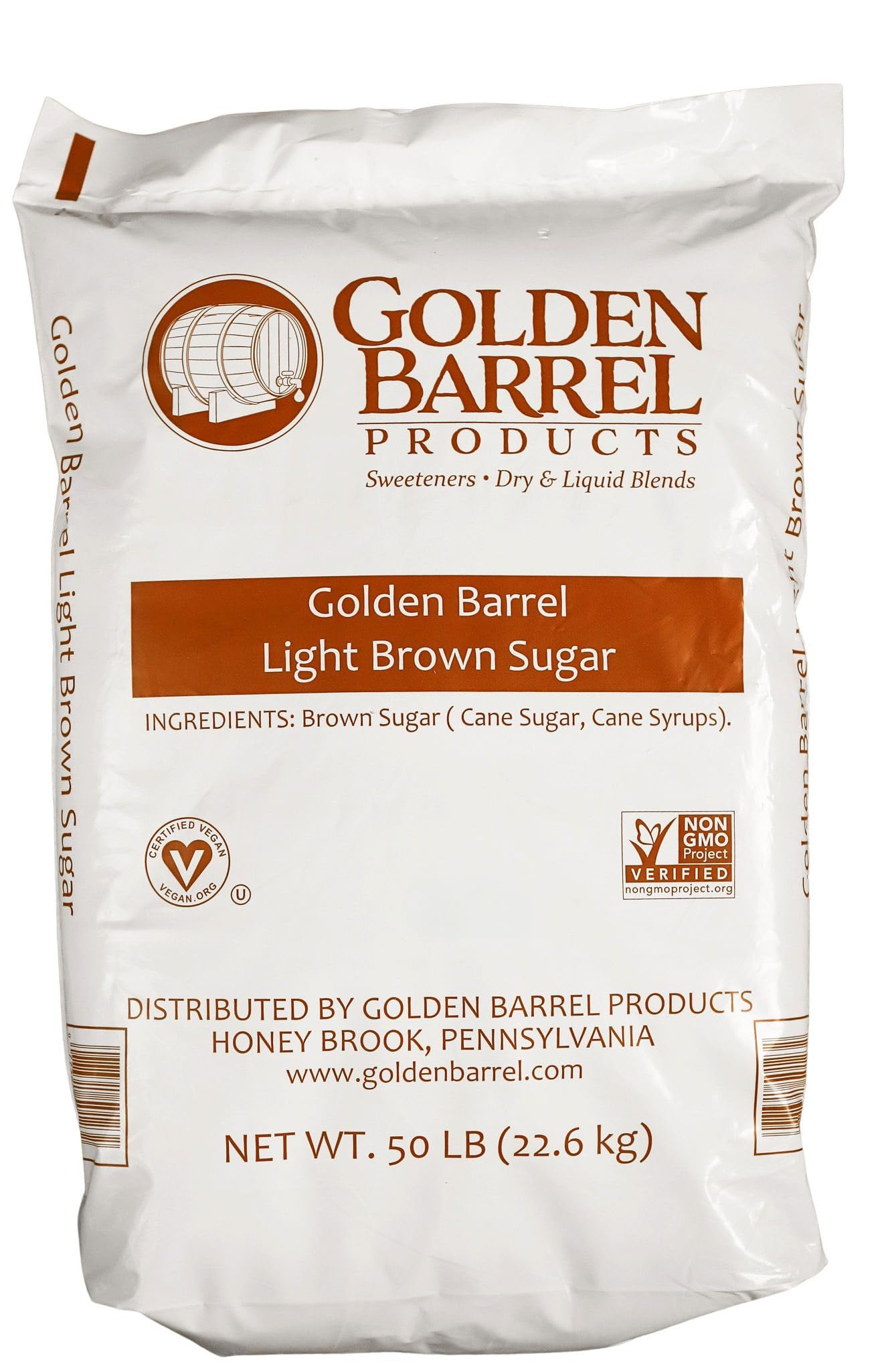 Golden Barrel Organic Light Brown Sugar Bulk - 50lbs of USA-Sourced Granulated Sugar - Vegan-Friendly, Natural Organic Sweetener for Baking, Cooking, & Beverages - Lightly Refined with Rich Flavor