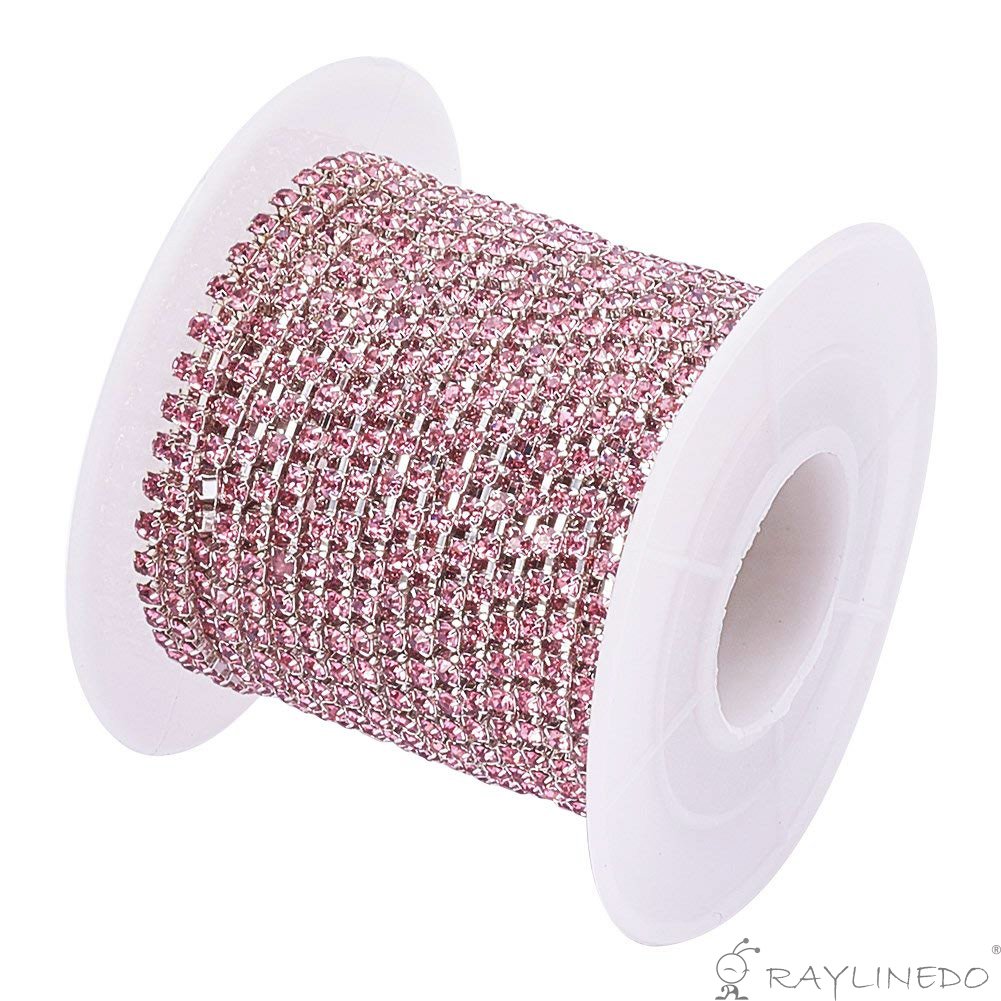 RayLineDo 3A Class 2mm Light Pink Rhinestone Diamante Silver Plated Chain 10 Yard Lenght for Wedding Supplies DIY Sewing Craft Jewellery Making Party Decorations