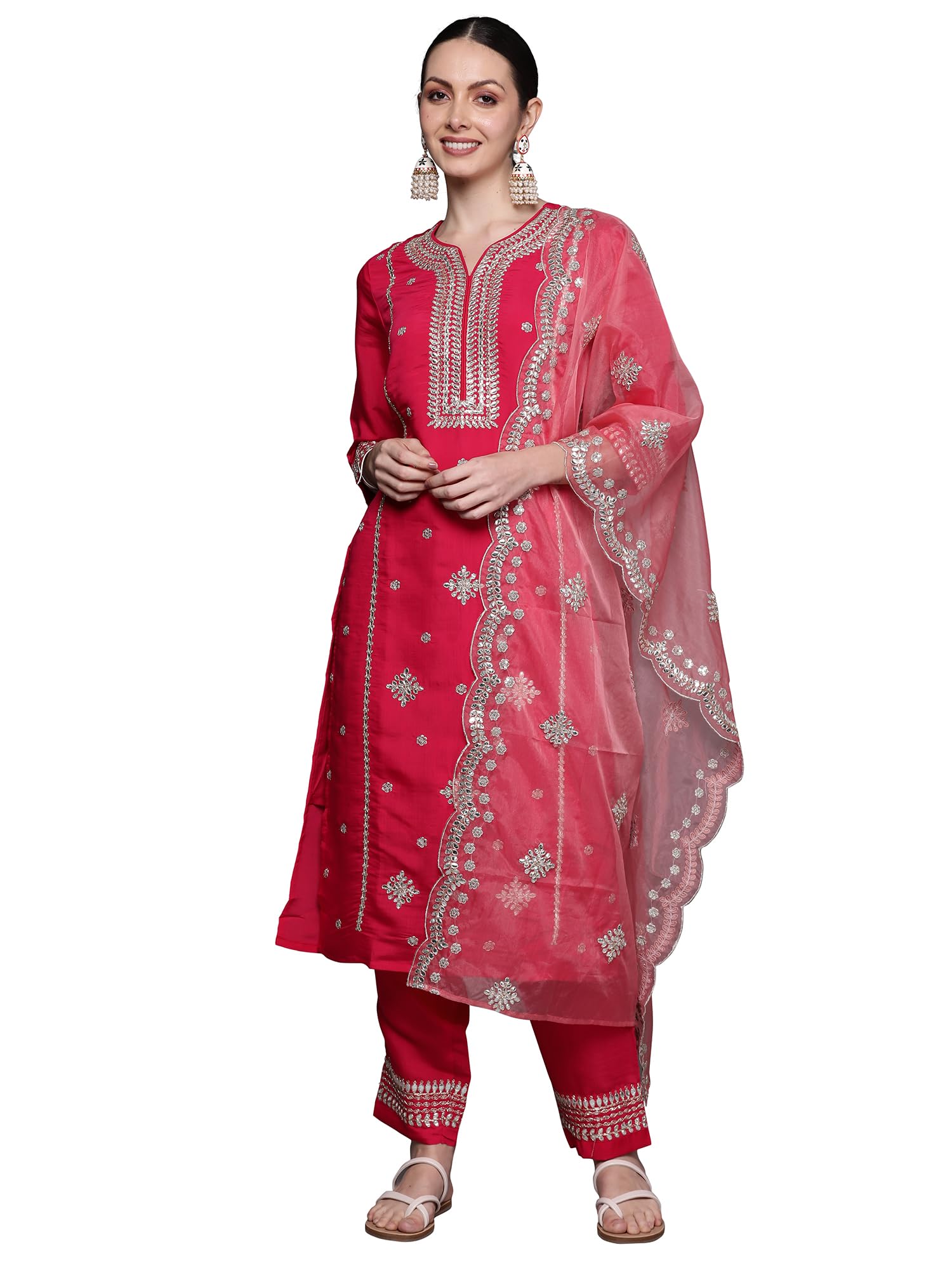 Indo Era Women's Floral Yoke Embroidered Straight Kurta & Trouser With Scalloped Dupatta Set (KH9RP7220_Medium) in neutral