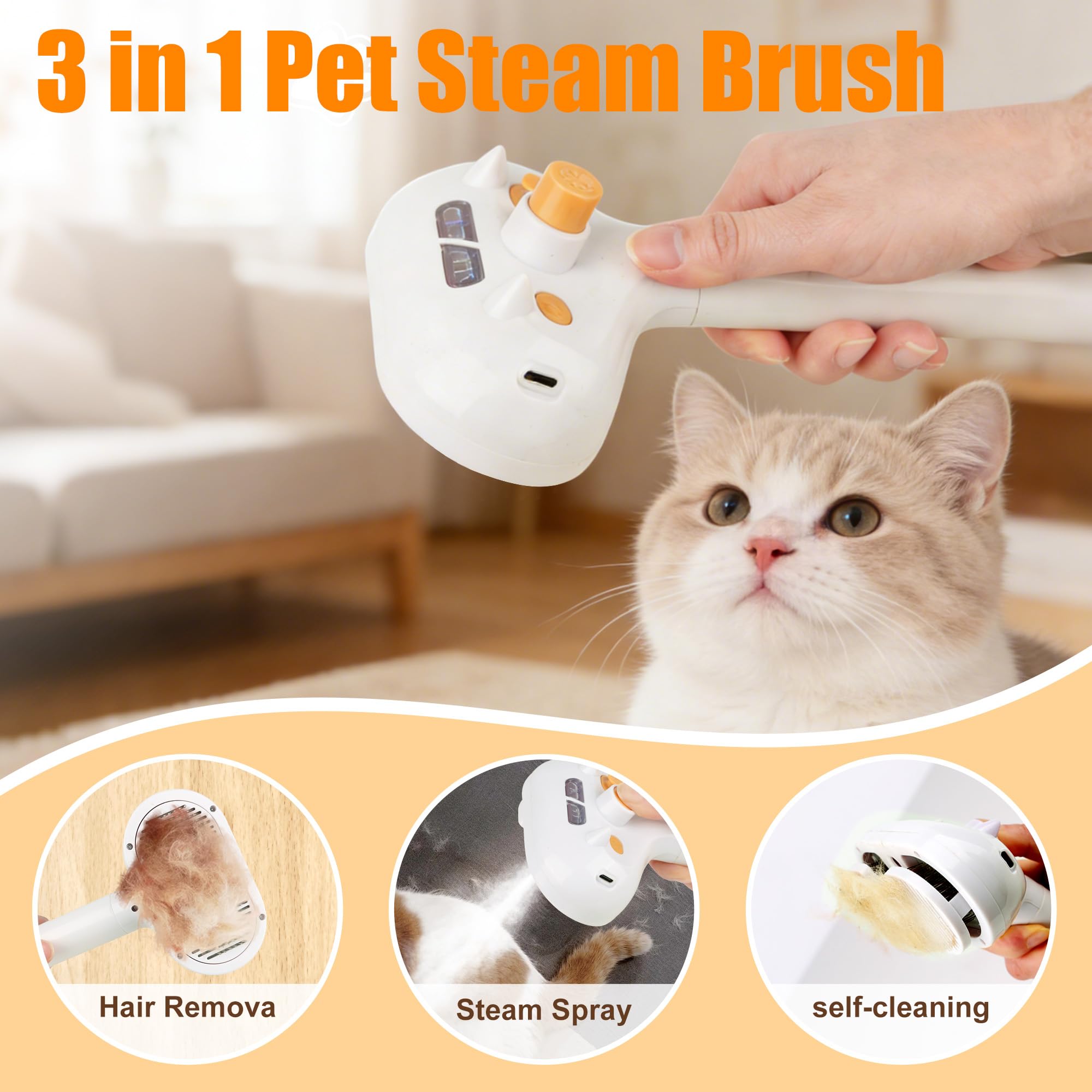 Cepillo de vapor 3 en 1 para mascotas, cepillo para perros y gatos para gatos de interior, respetuoso con la piel, cepillo de aseo autolimpiante para perros y gatos, herramienta de depilación