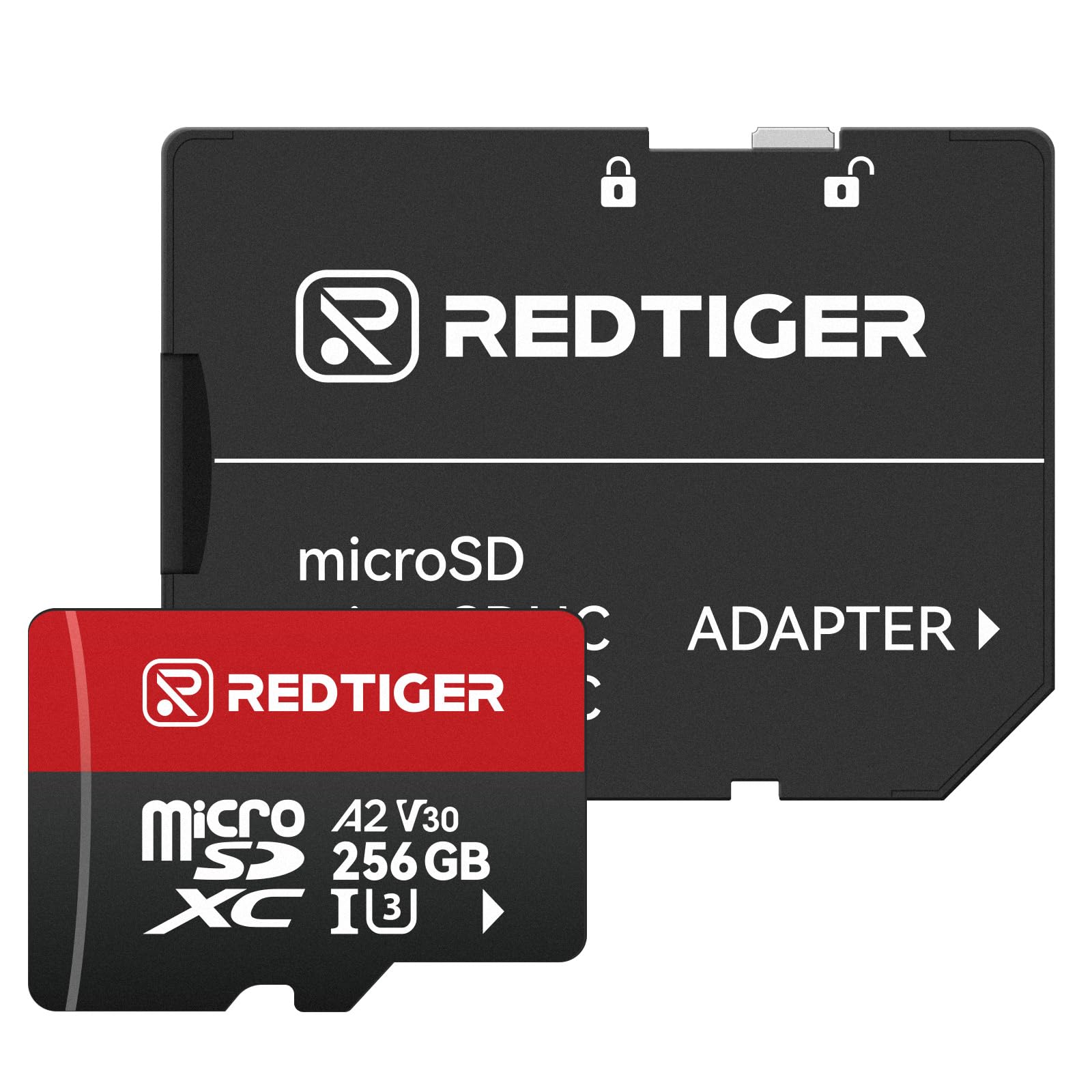 REDTIGER Carte Micro SD haute vitesse 256 Go avec adaptateur, microSDXC UHS-I classe 10, U3, V30 A2, prise en charge de caméra embarquée et enregistrement vidéo 4K, compatible avec F7NP-V07&F9&